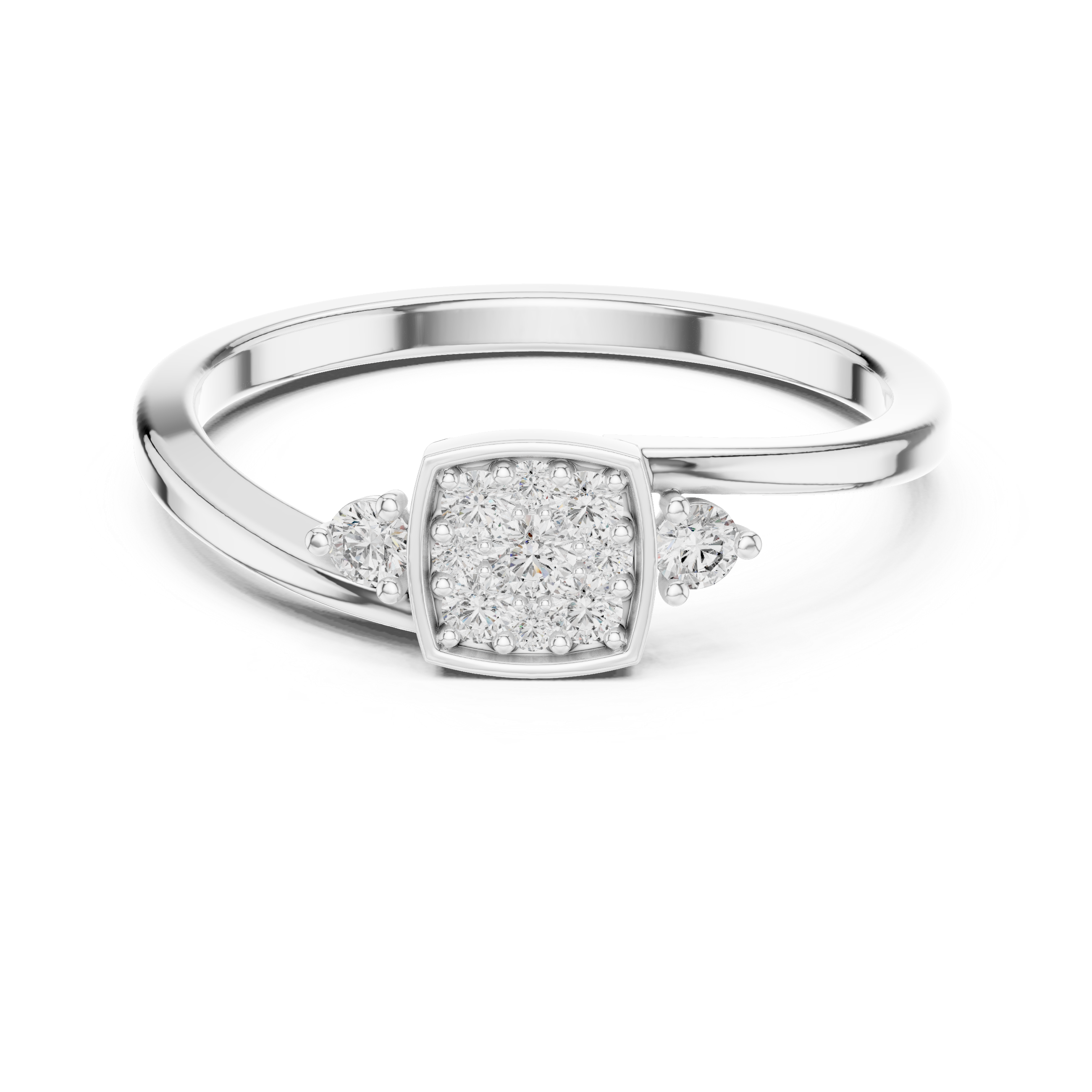 square cluster of diamonds and two side stones on a slim band.