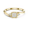 square cluster of diamonds and two side stones on a slim band.