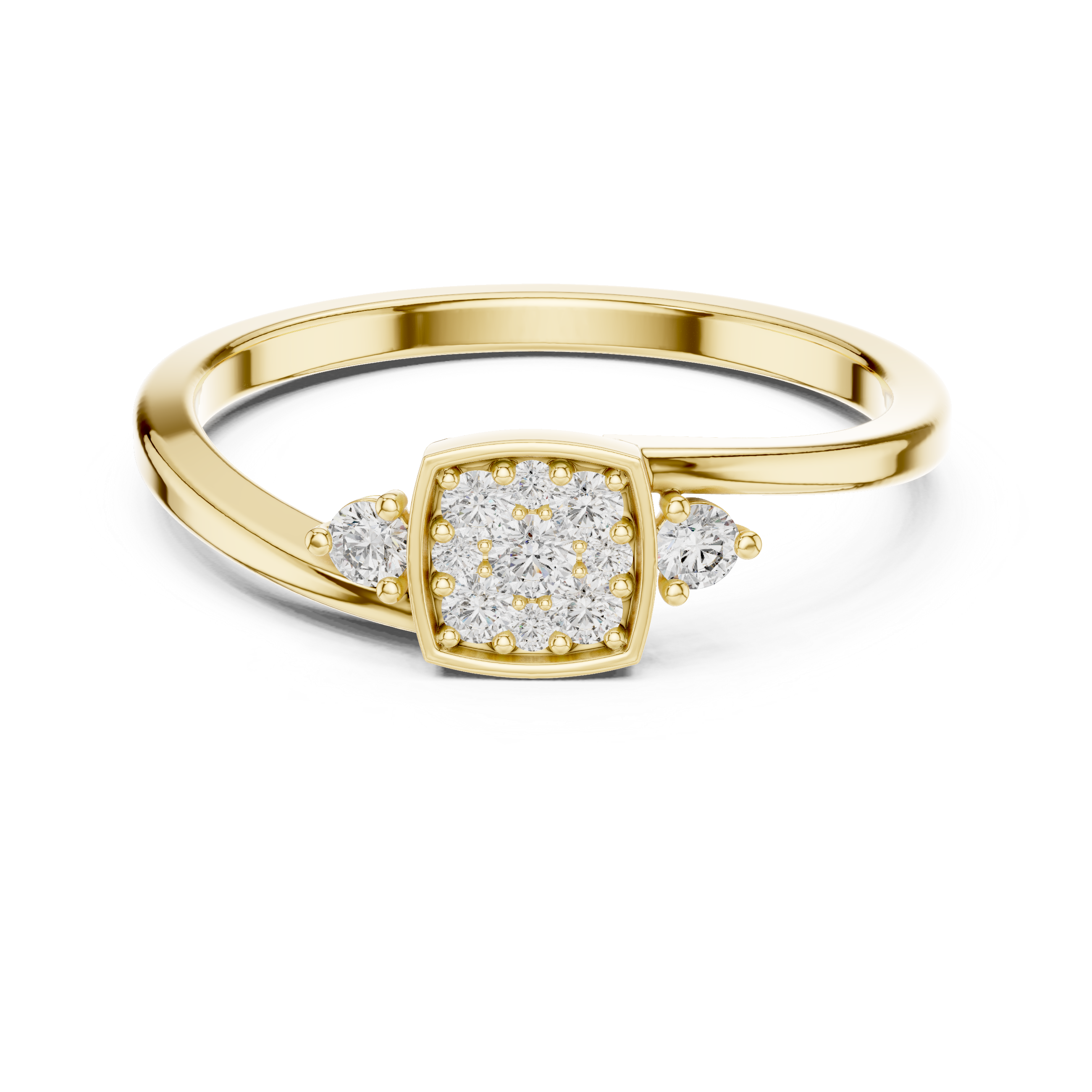 square cluster of diamonds and two side stones on a slim band.