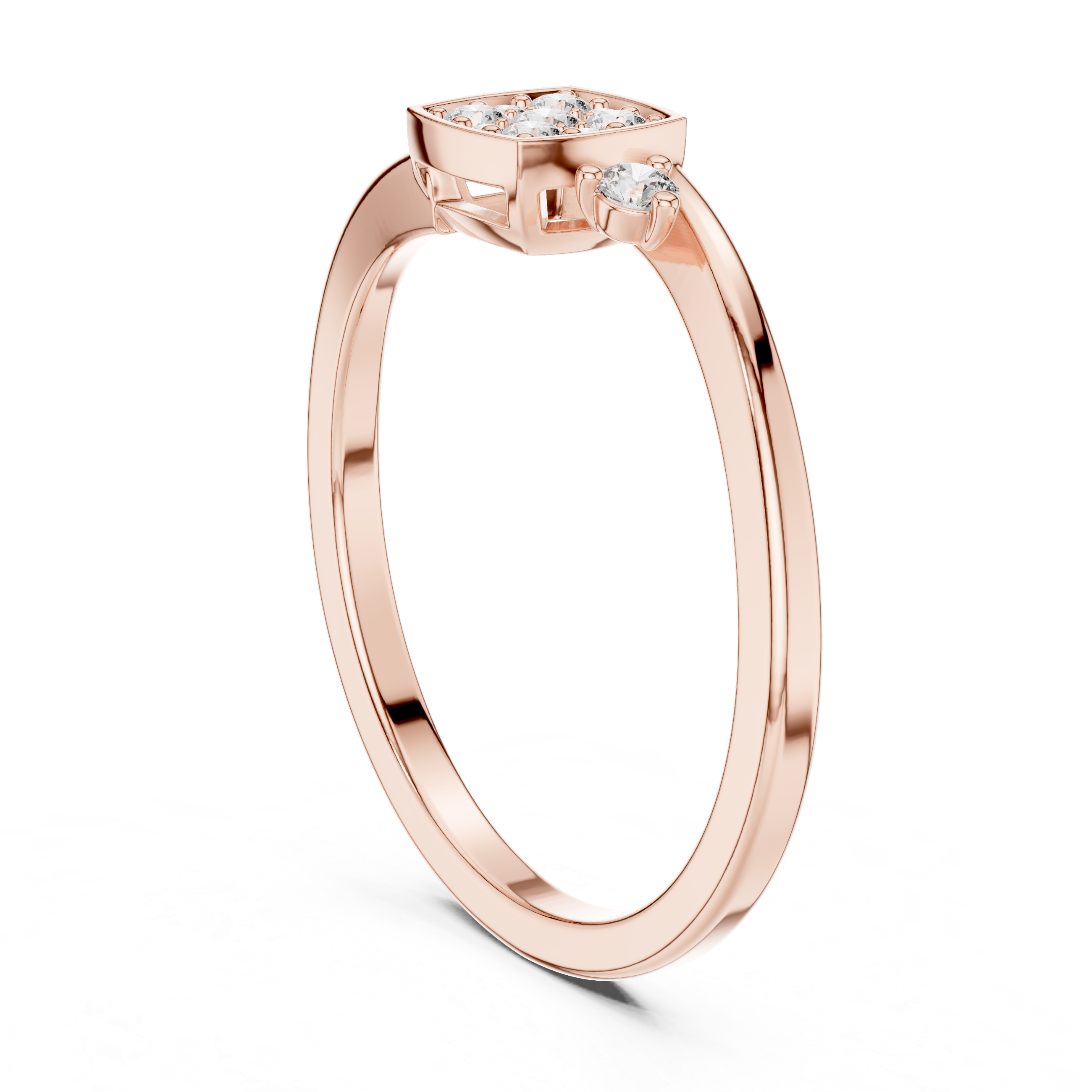 square cluster of diamonds and two side stones on a slim band.