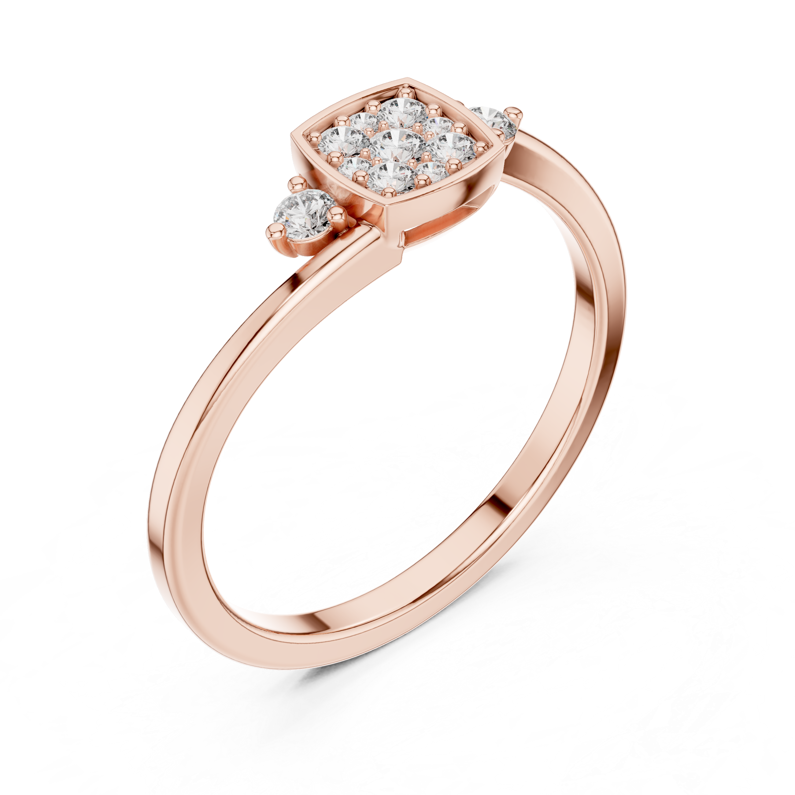 square cluster of diamonds and two side stones on a slim band.