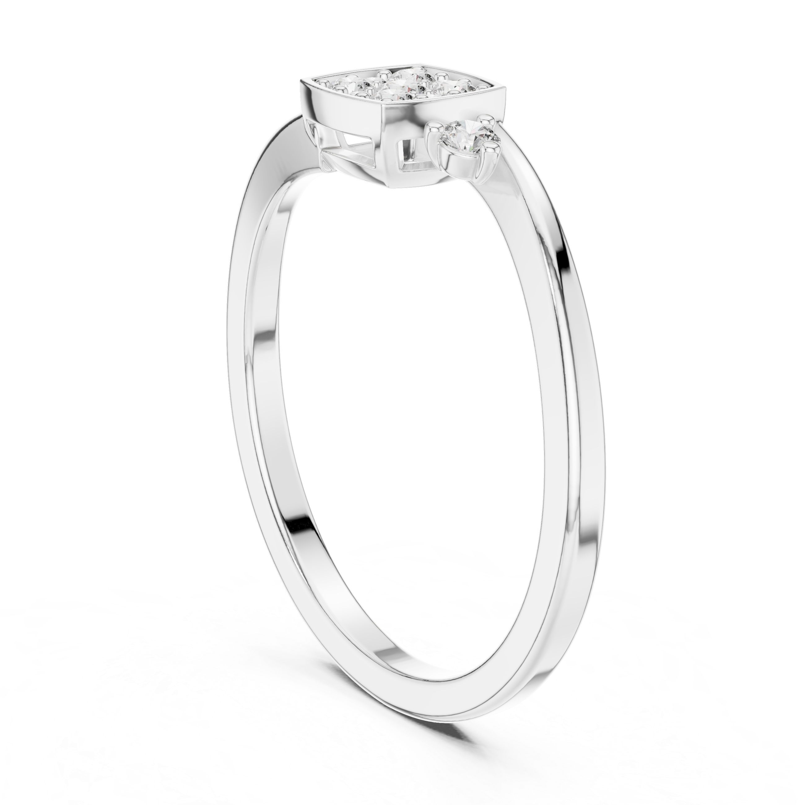 square cluster of diamonds and two side stones on a slim band.