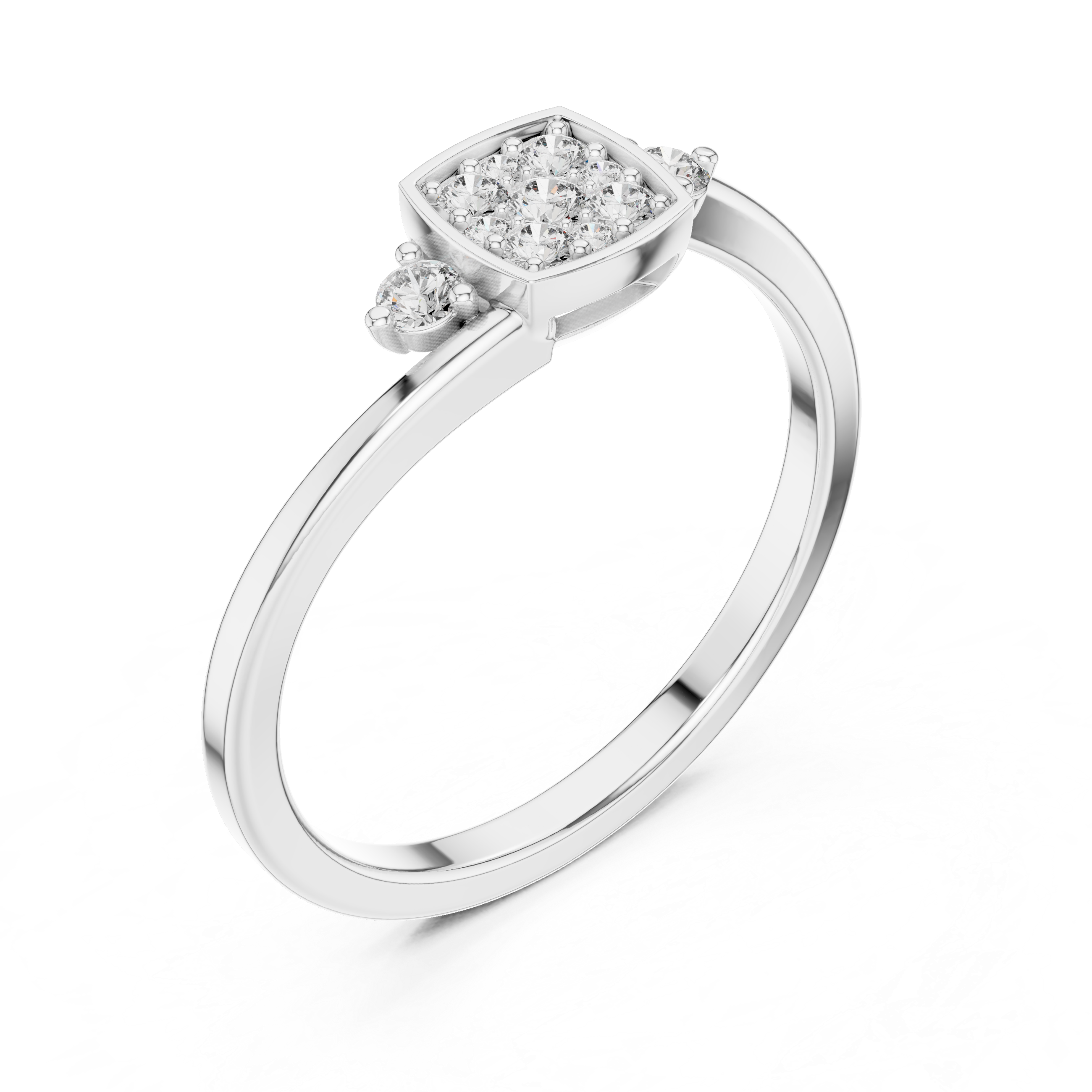 square cluster of diamonds and two side stones on a slim band.
