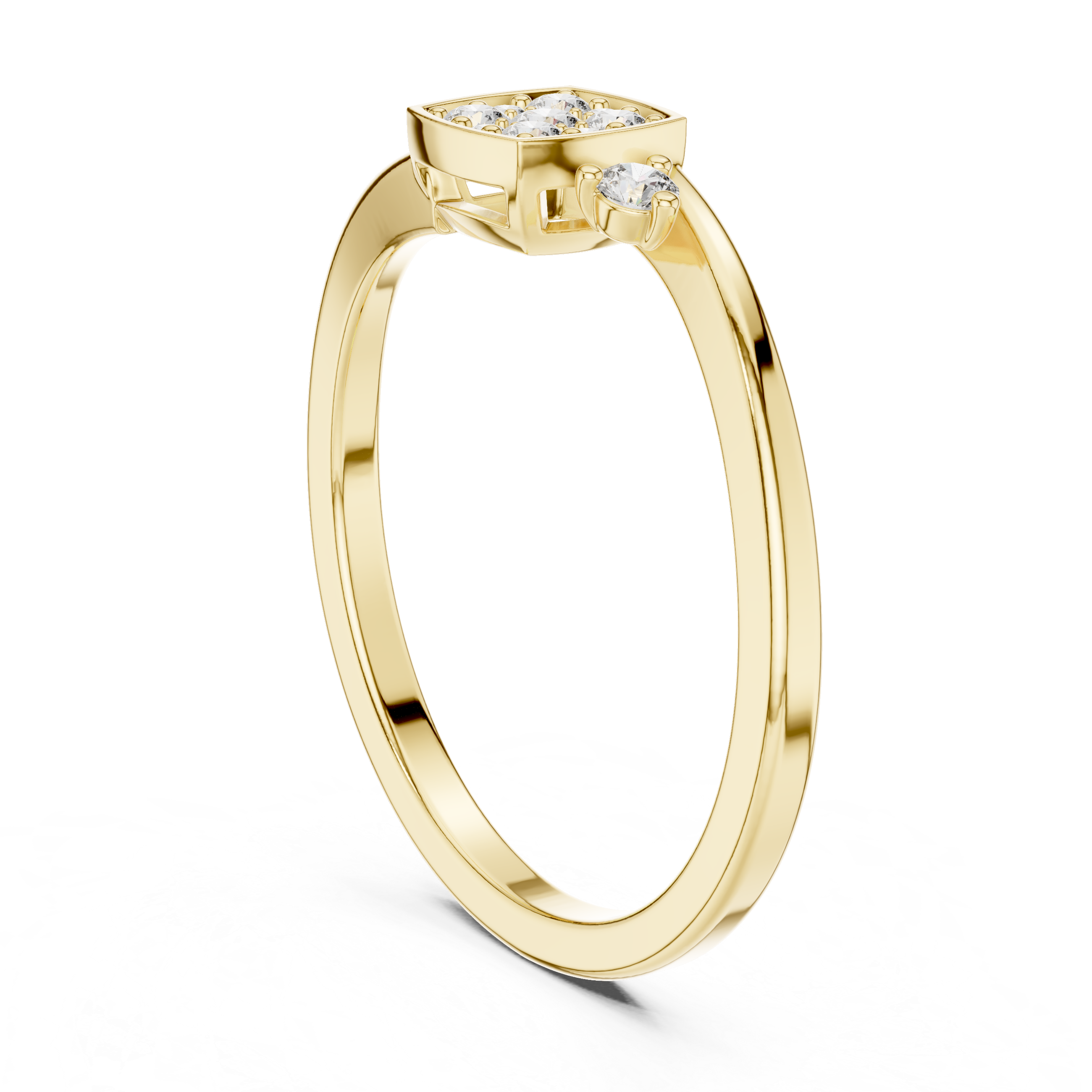 square cluster of diamonds and two side stones on a slim band.
