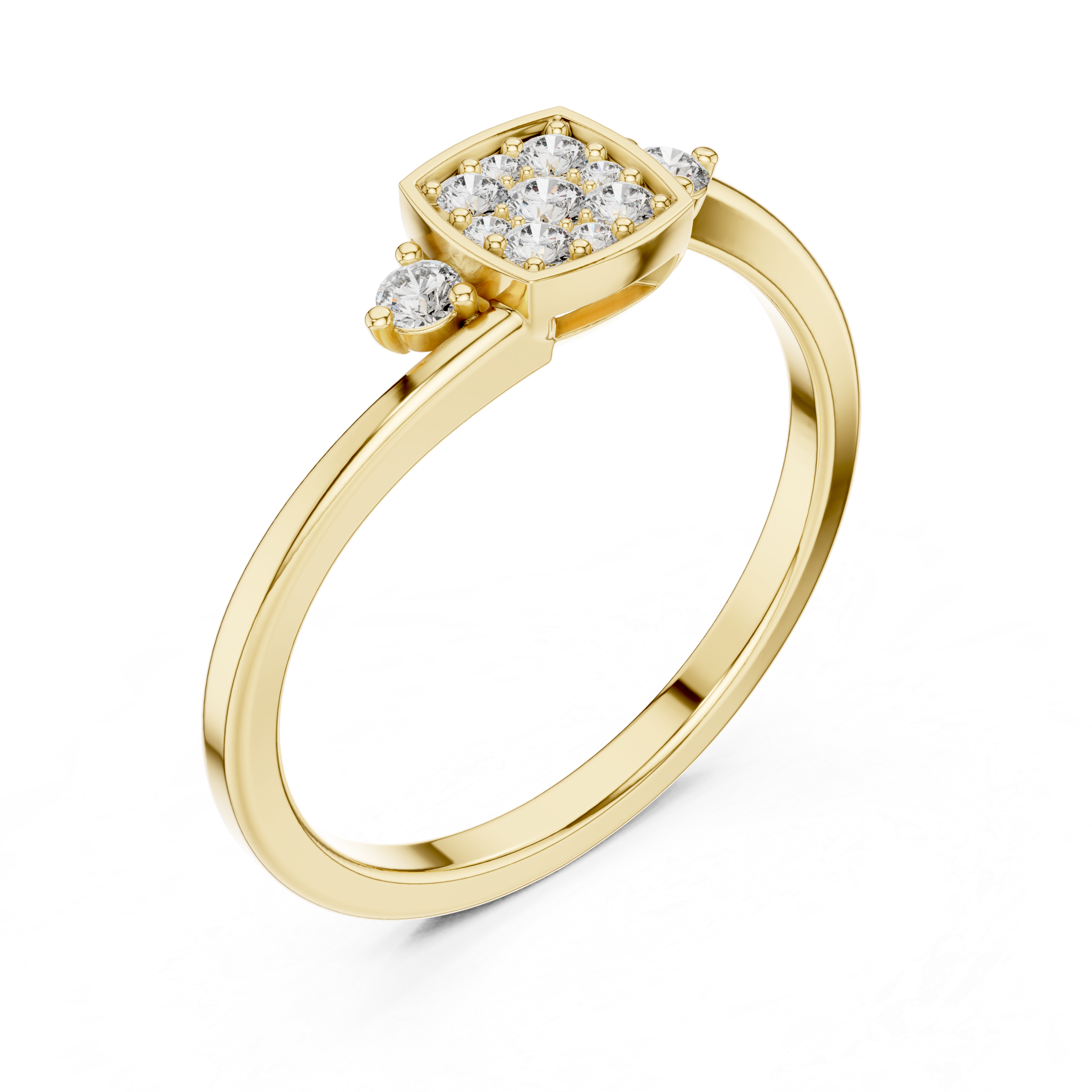 square cluster of diamonds and two side stones on a slim band.