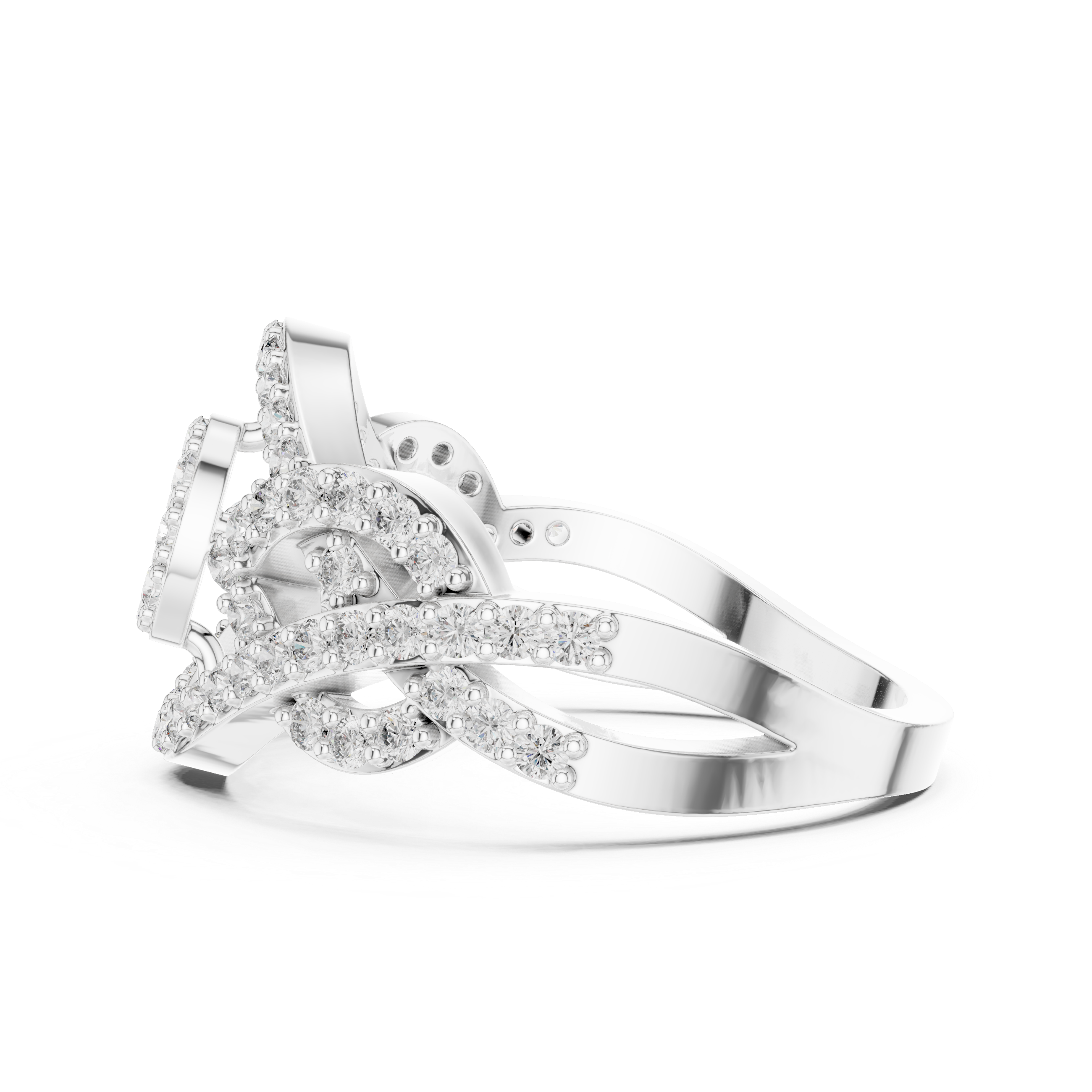 Intricate double-loop design encrusted with diamonds