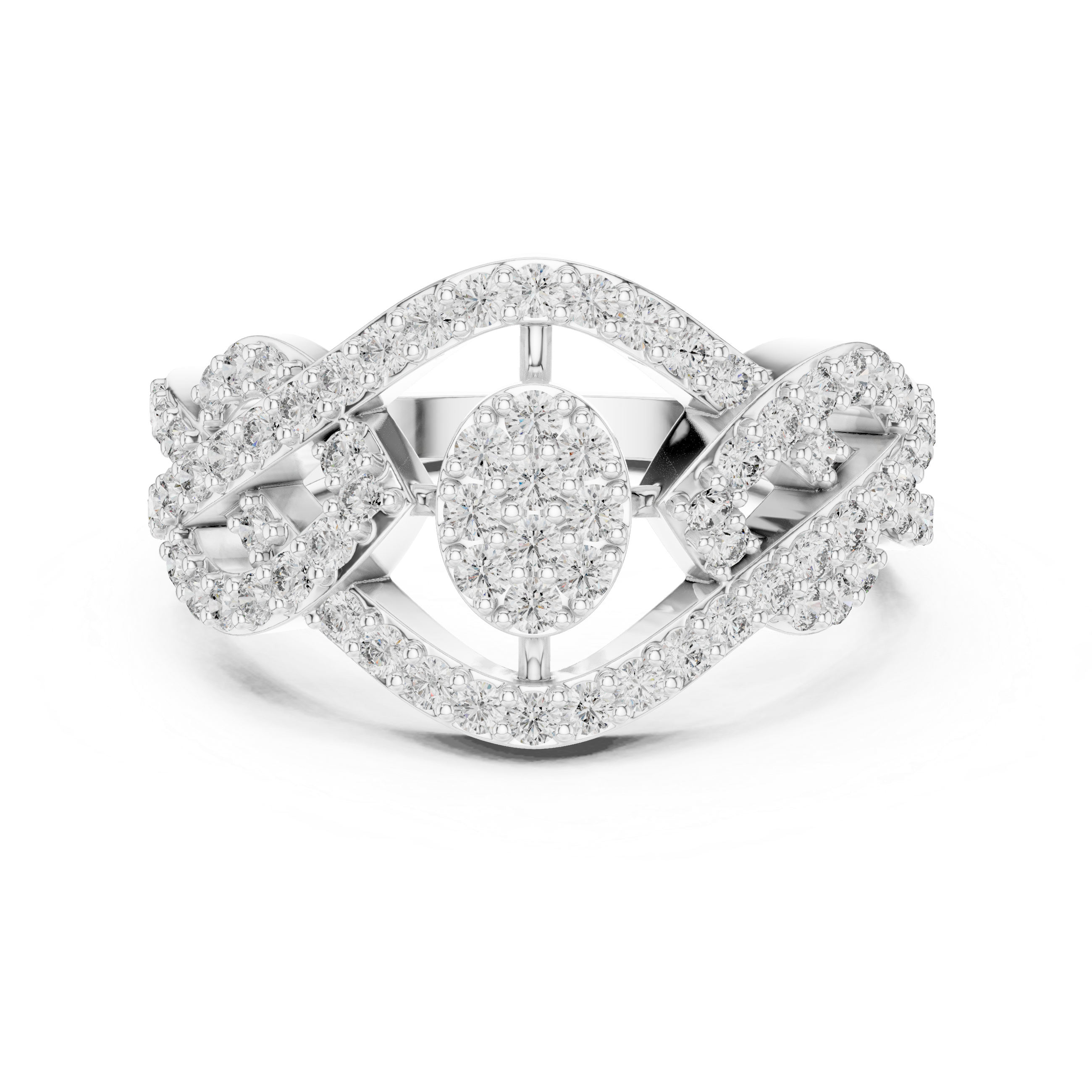 Intricate double-loop design encrusted with diamonds