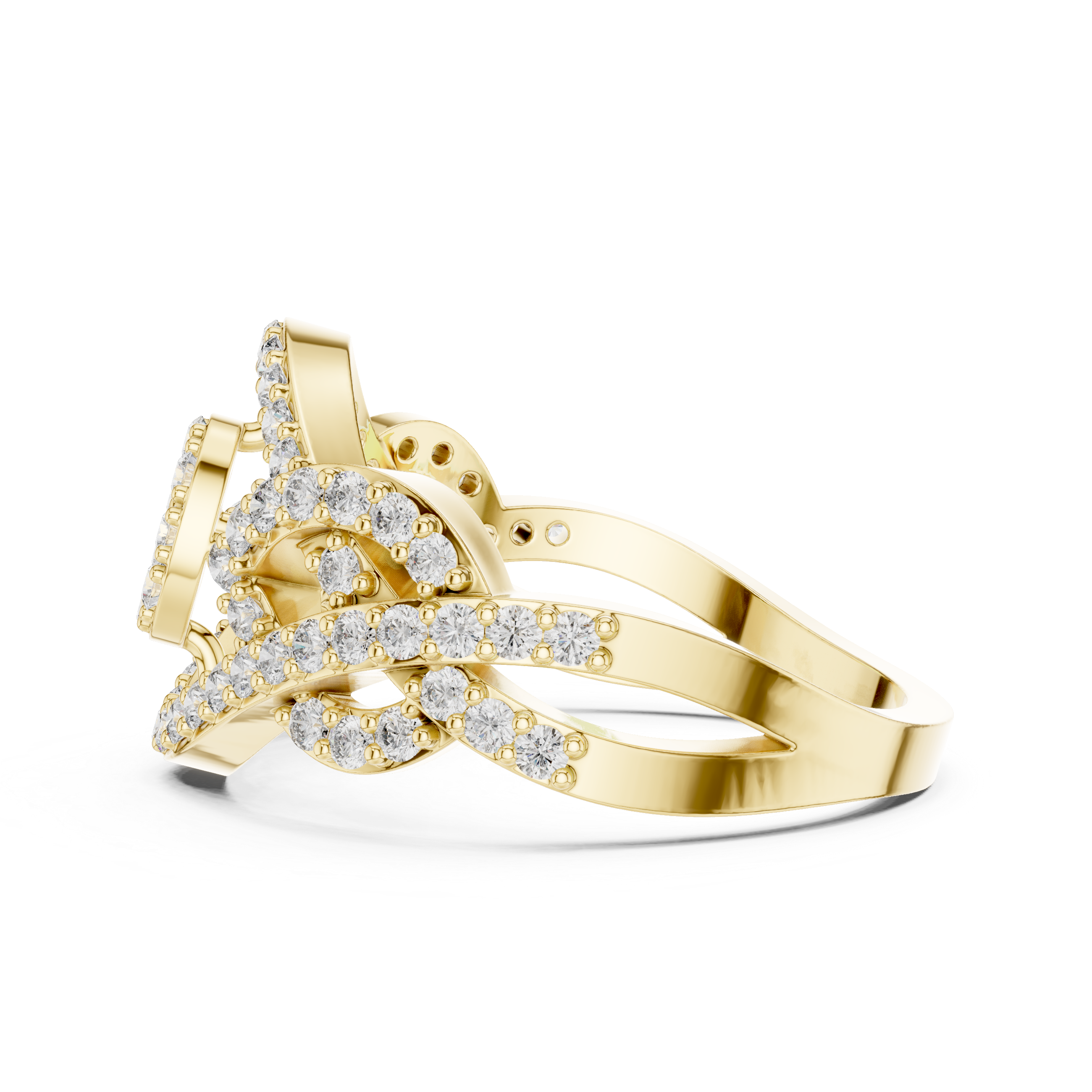 Intricate double-loop design encrusted with diamonds