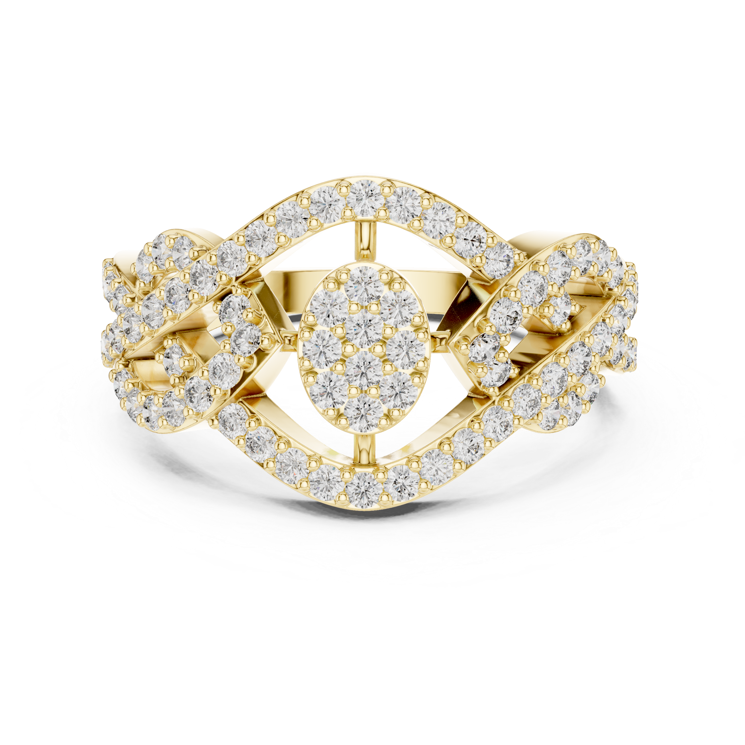 Intricate double-loop design encrusted with diamonds