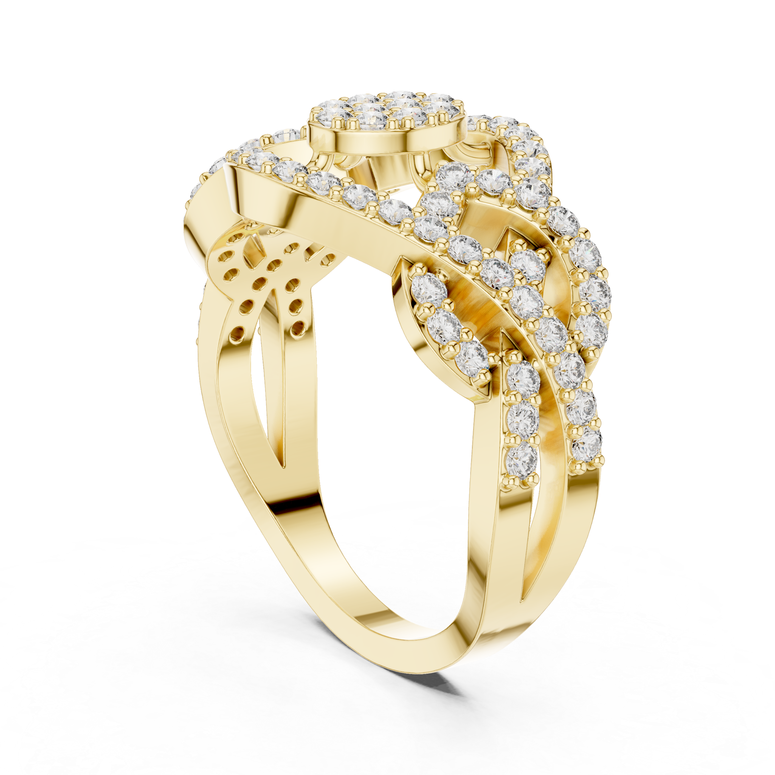 Intricate double-loop design encrusted with diamonds