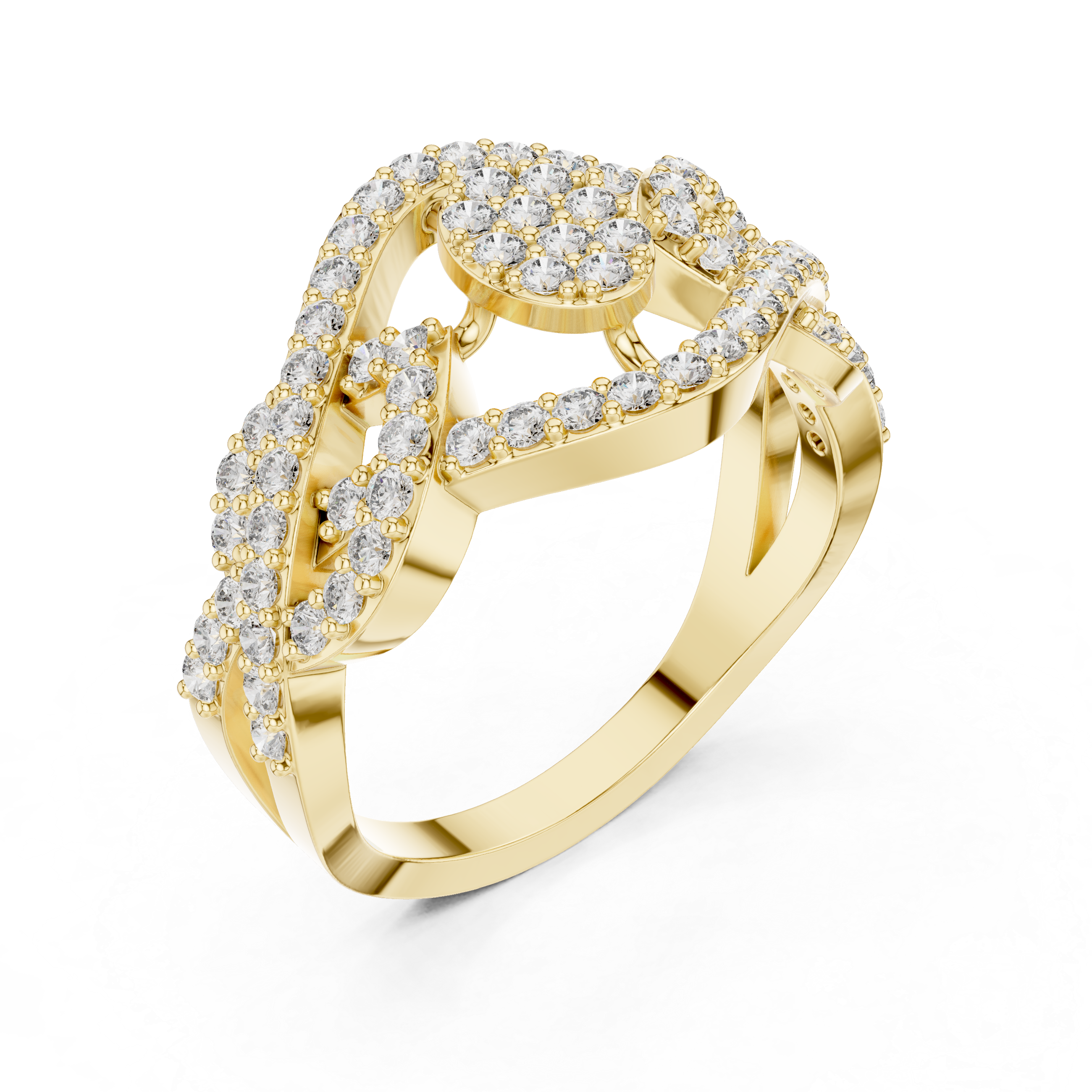 Intricate double-loop design encrusted with diamonds
