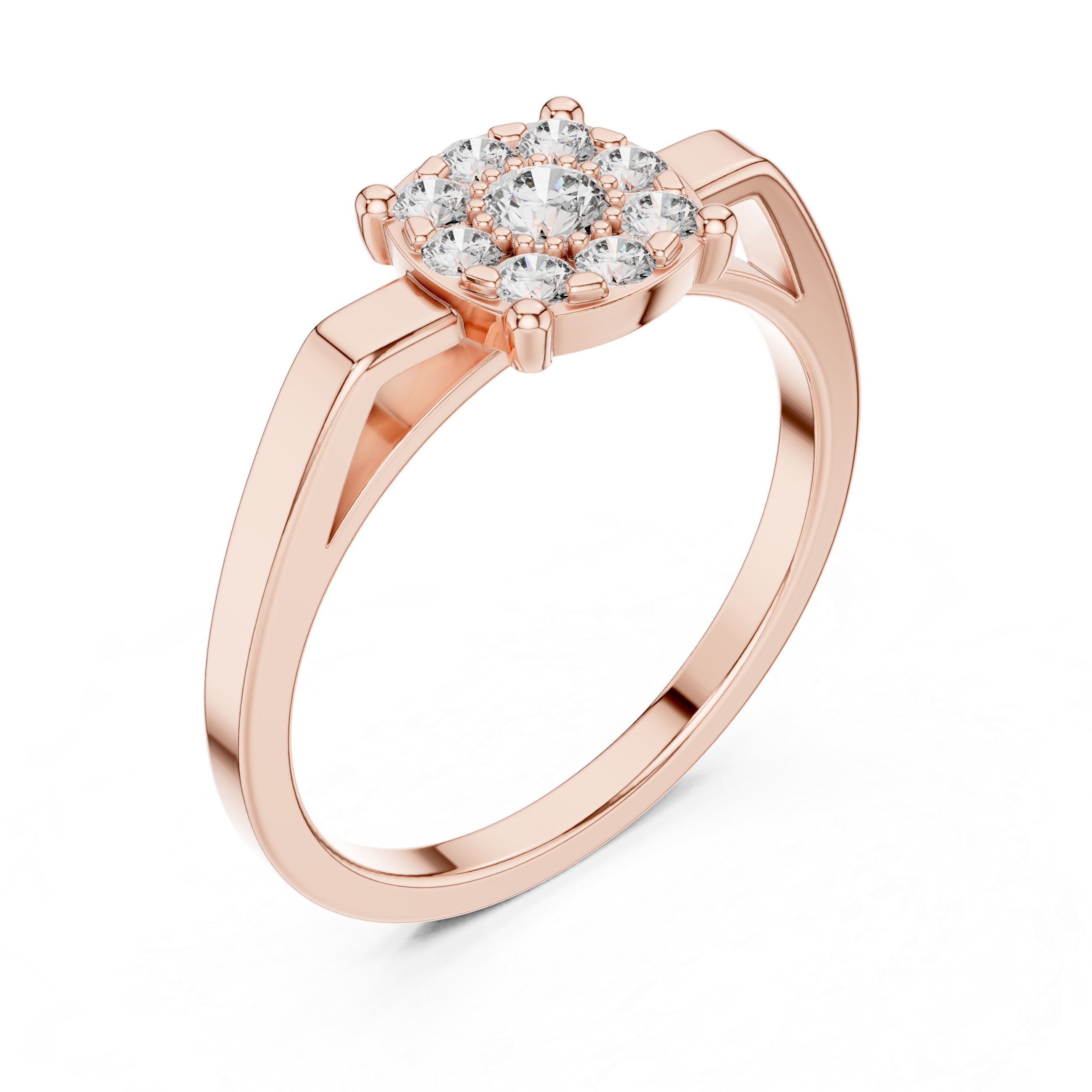 Round diamond halo with a split shank band.