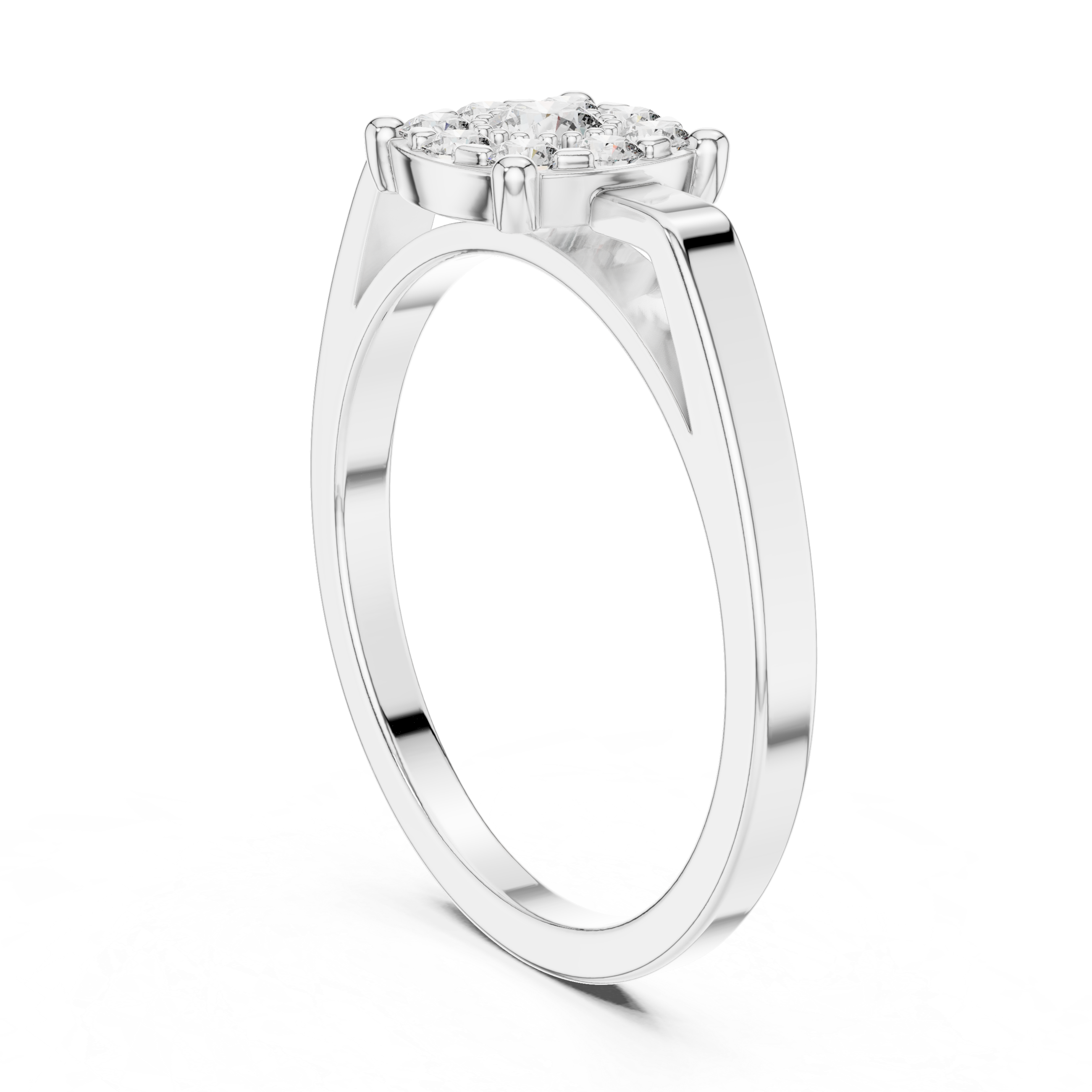 Round diamond halo with a split shank band.