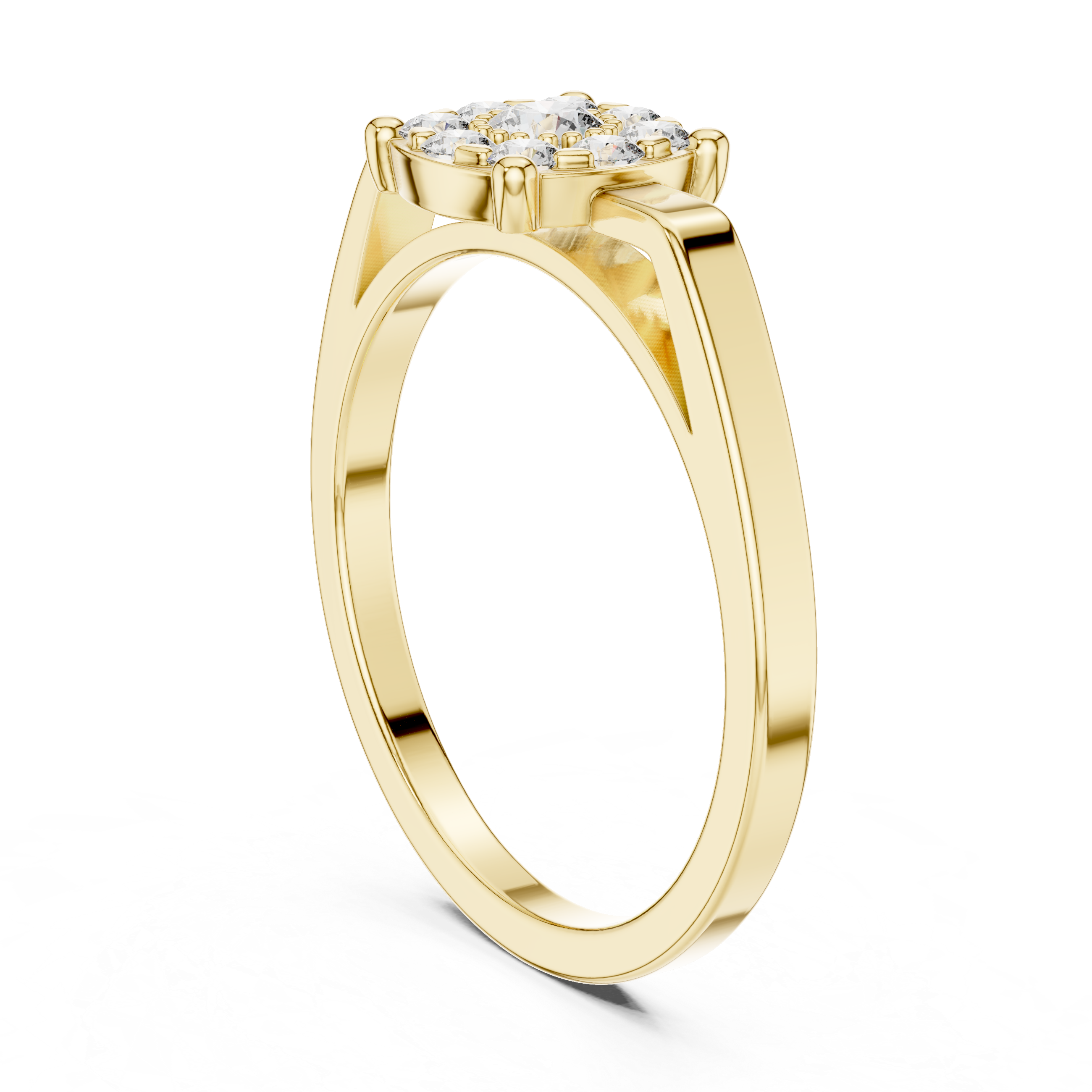 Round diamond halo with a split shank band.
