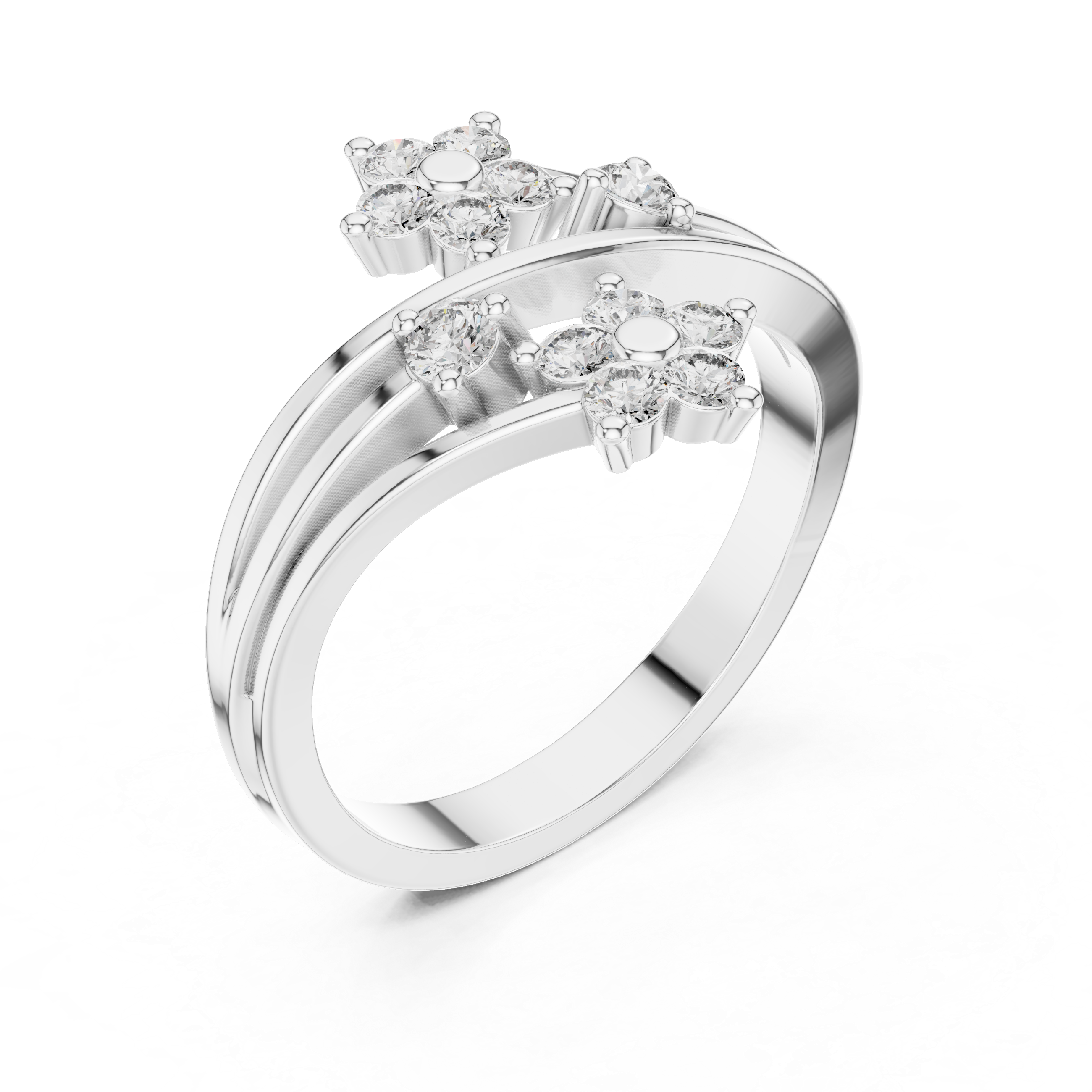 Two floral diamond clusters on a split band.