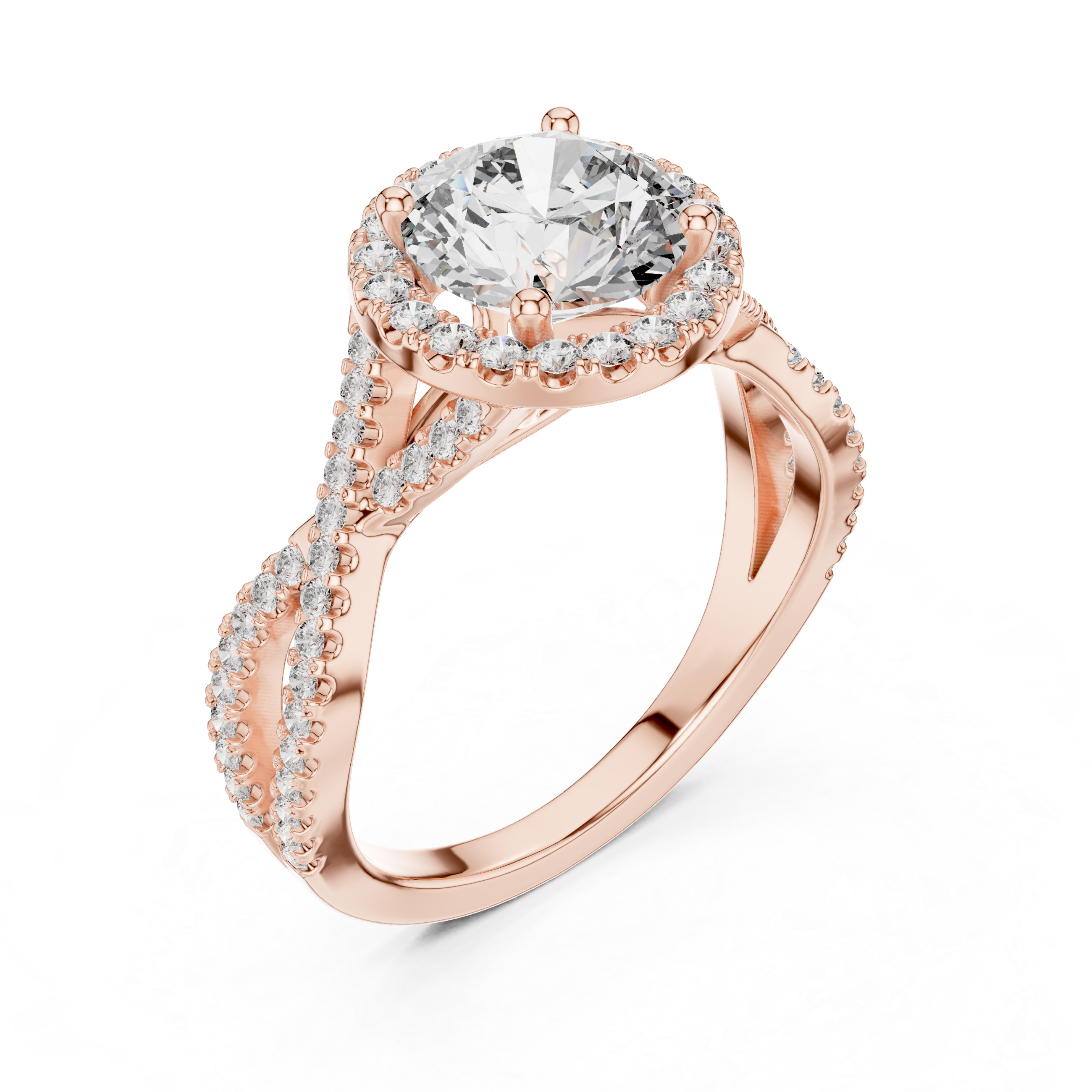 twisted split shank design and a large round center stone.