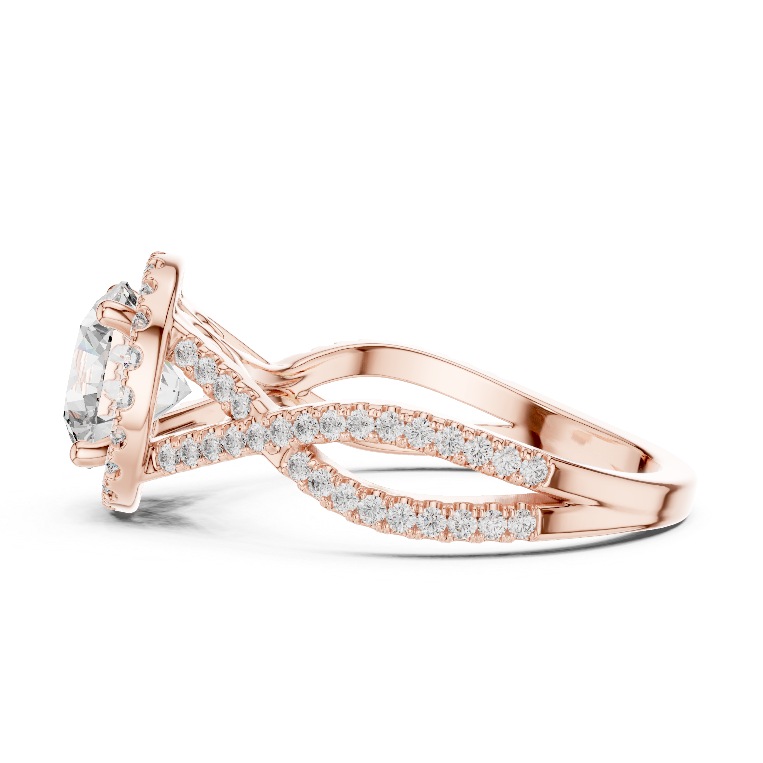 twisted split shank design and a large round center stone.