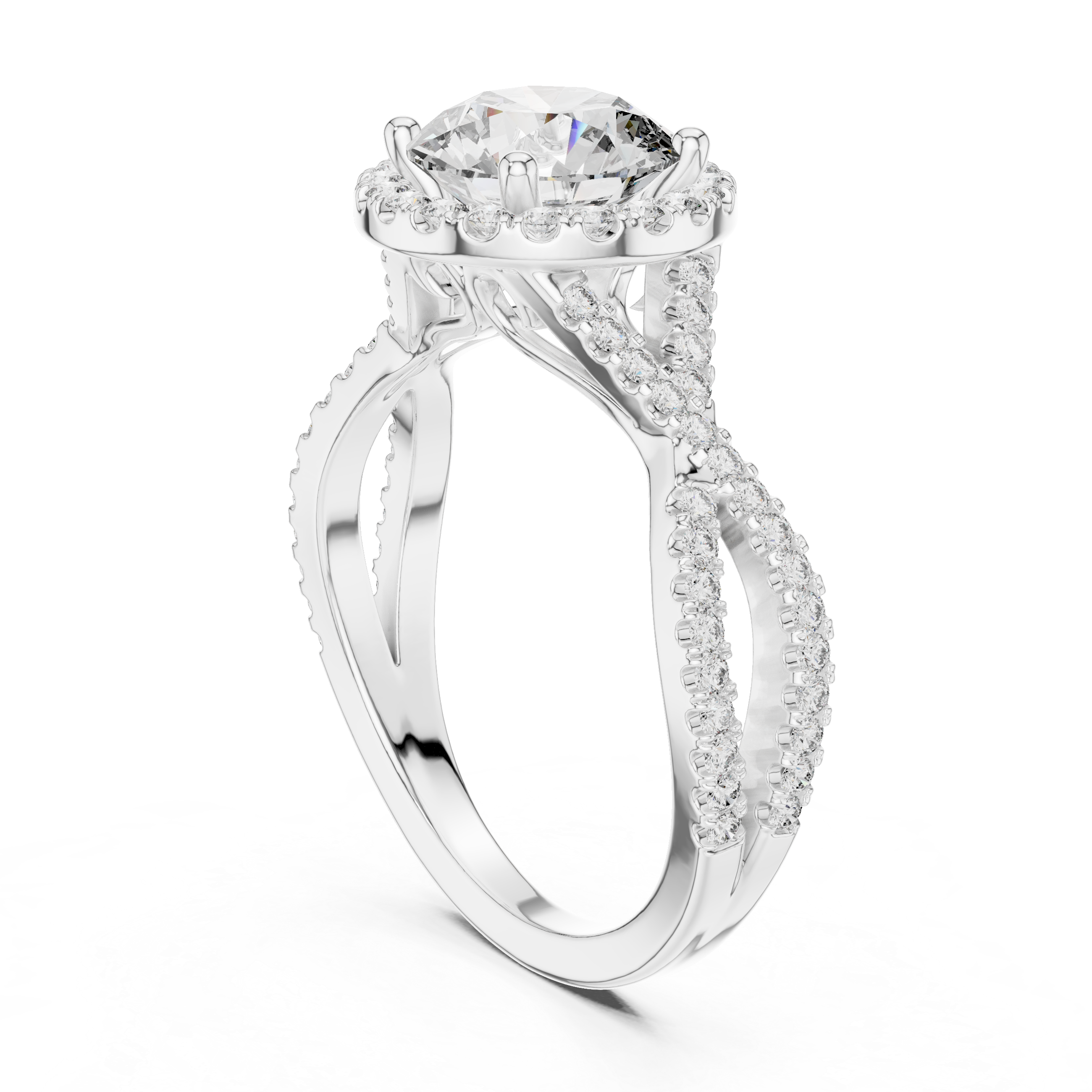 twisted split shank design and a large round center stone.