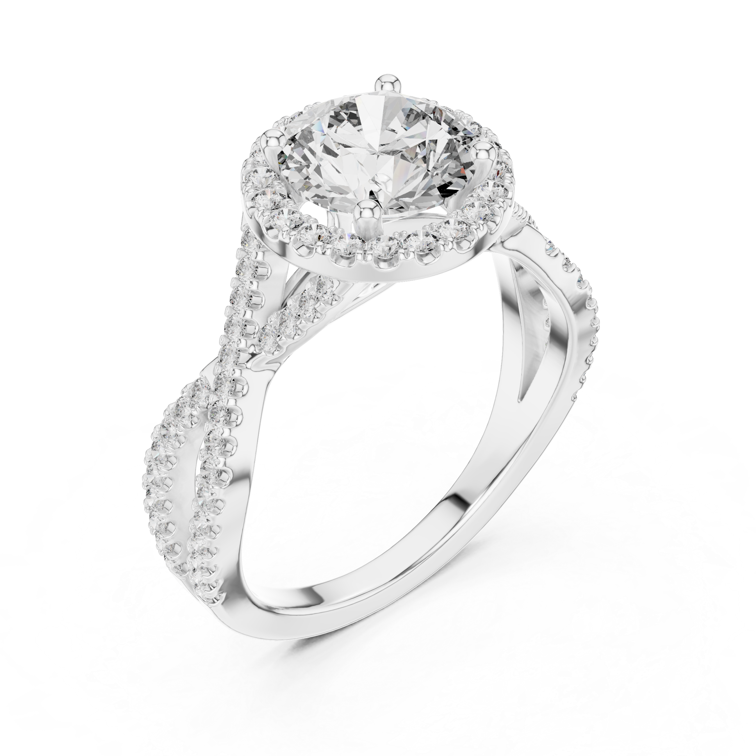 twisted split shank design and a large round center stone.