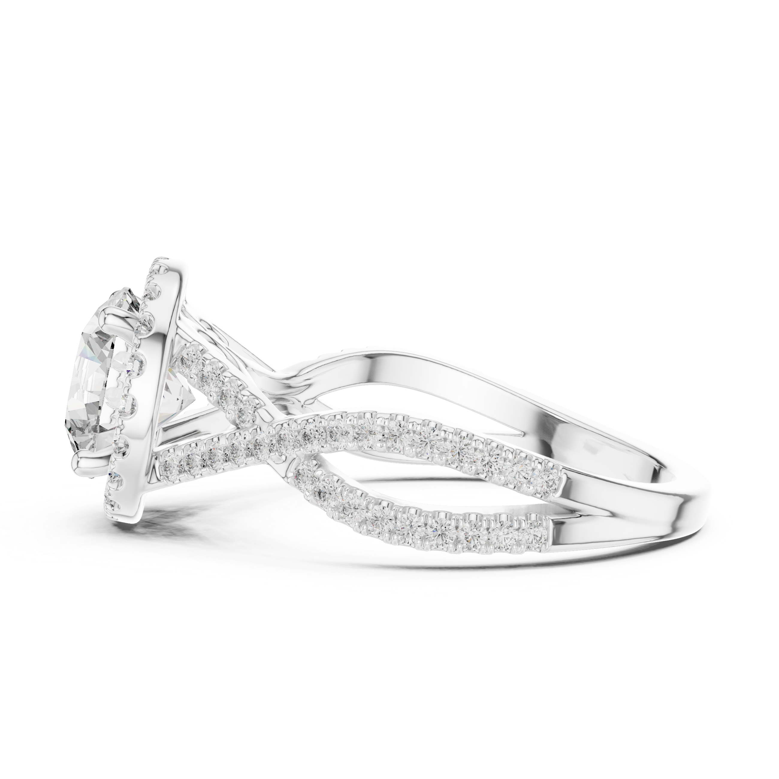 twisted split shank design and a large round center stone.