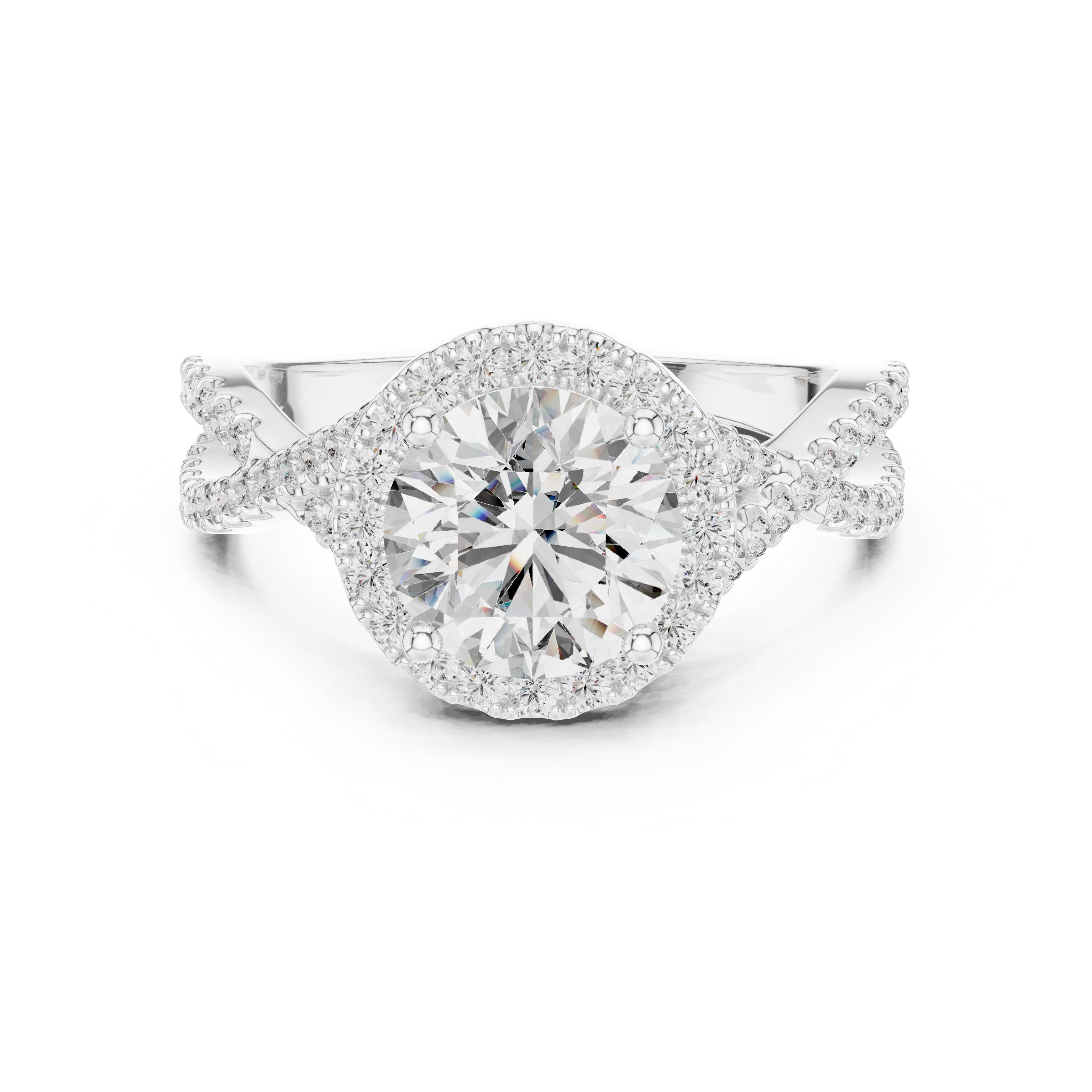 twisted split shank design and a large round center stone.
