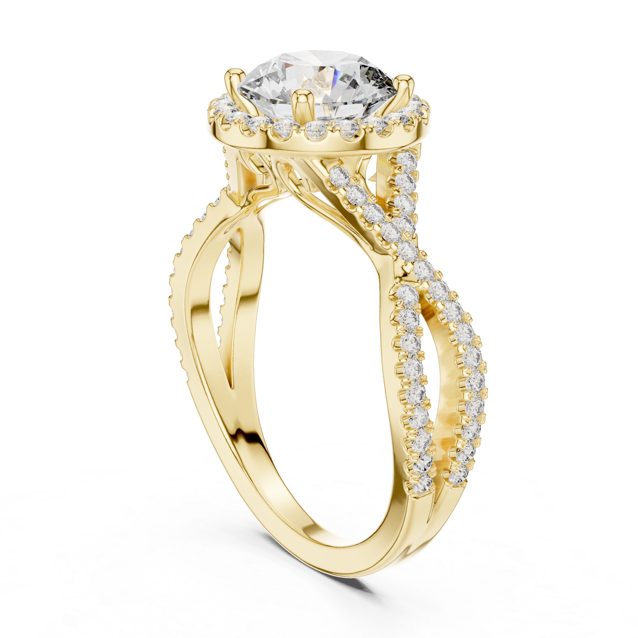 twisted split shank design and a large round center stone.