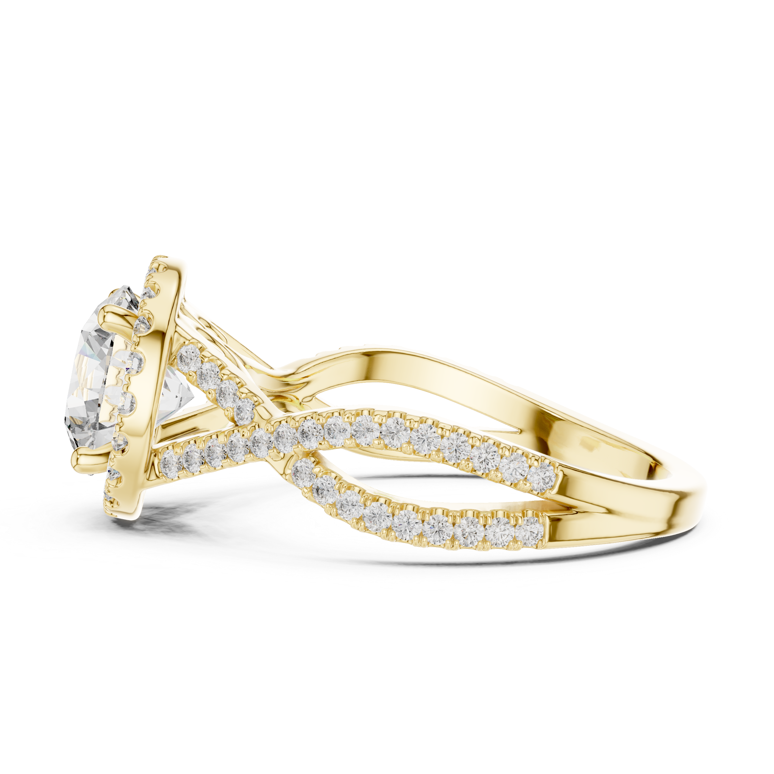 twisted split shank design and a large round center stone.