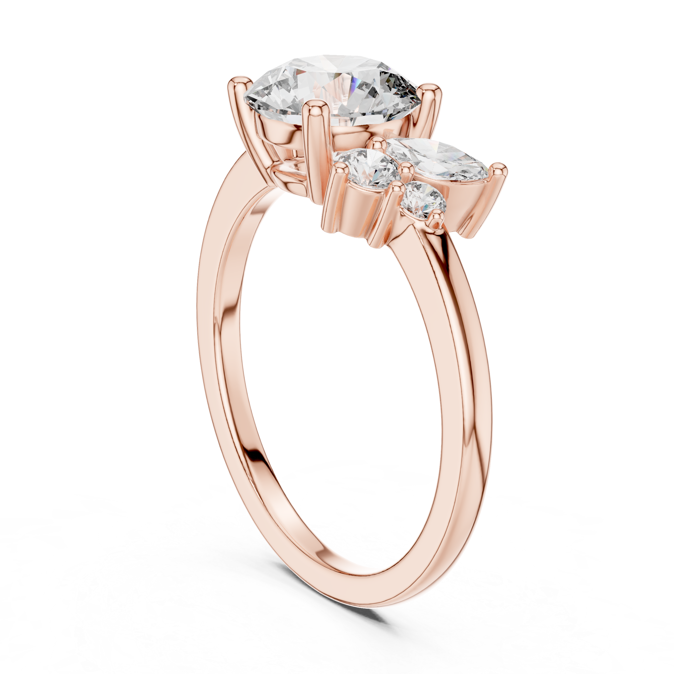 Elegant three-stone diamond engagement ring with a large center round