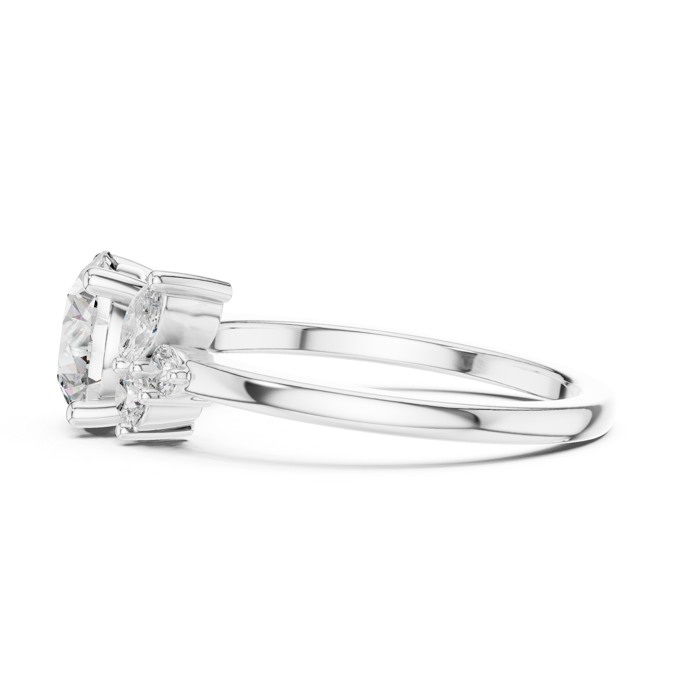 Elegant three-stone diamond engagement ring with a large center round