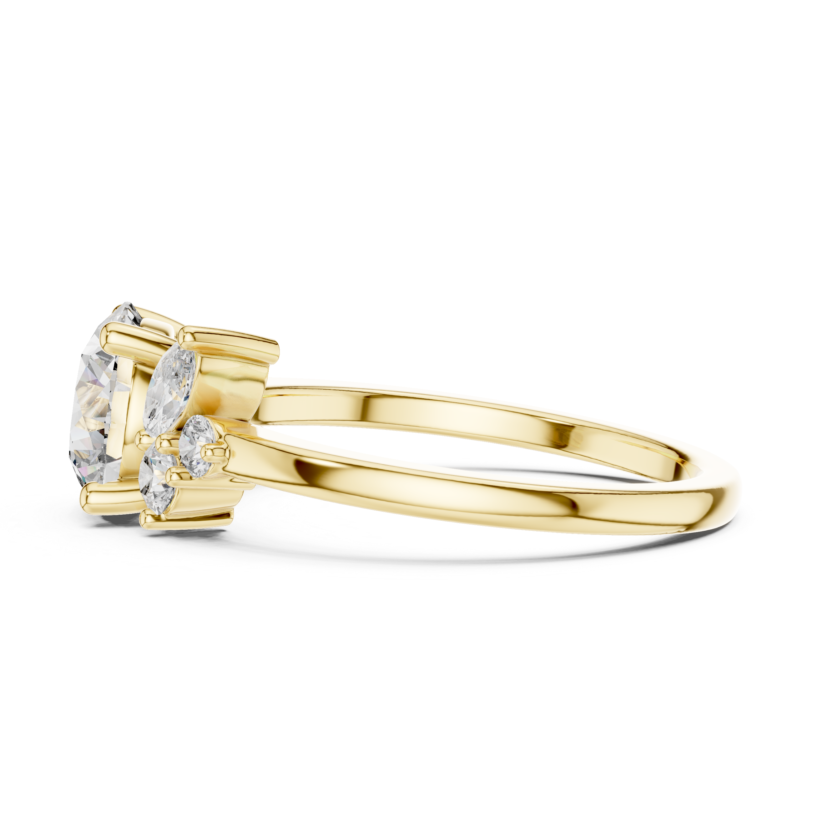 Elegant three-stone diamond engagement ring with a large center round
