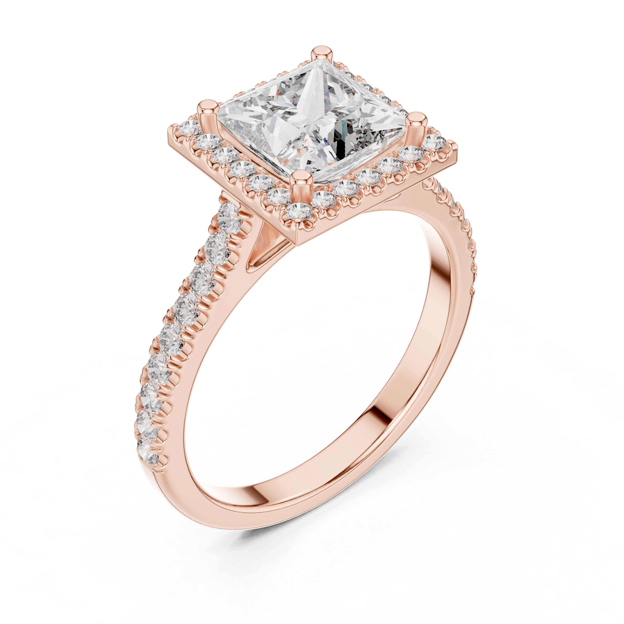 Square halo diamond ring with a large center stone and diamond accents along the band.