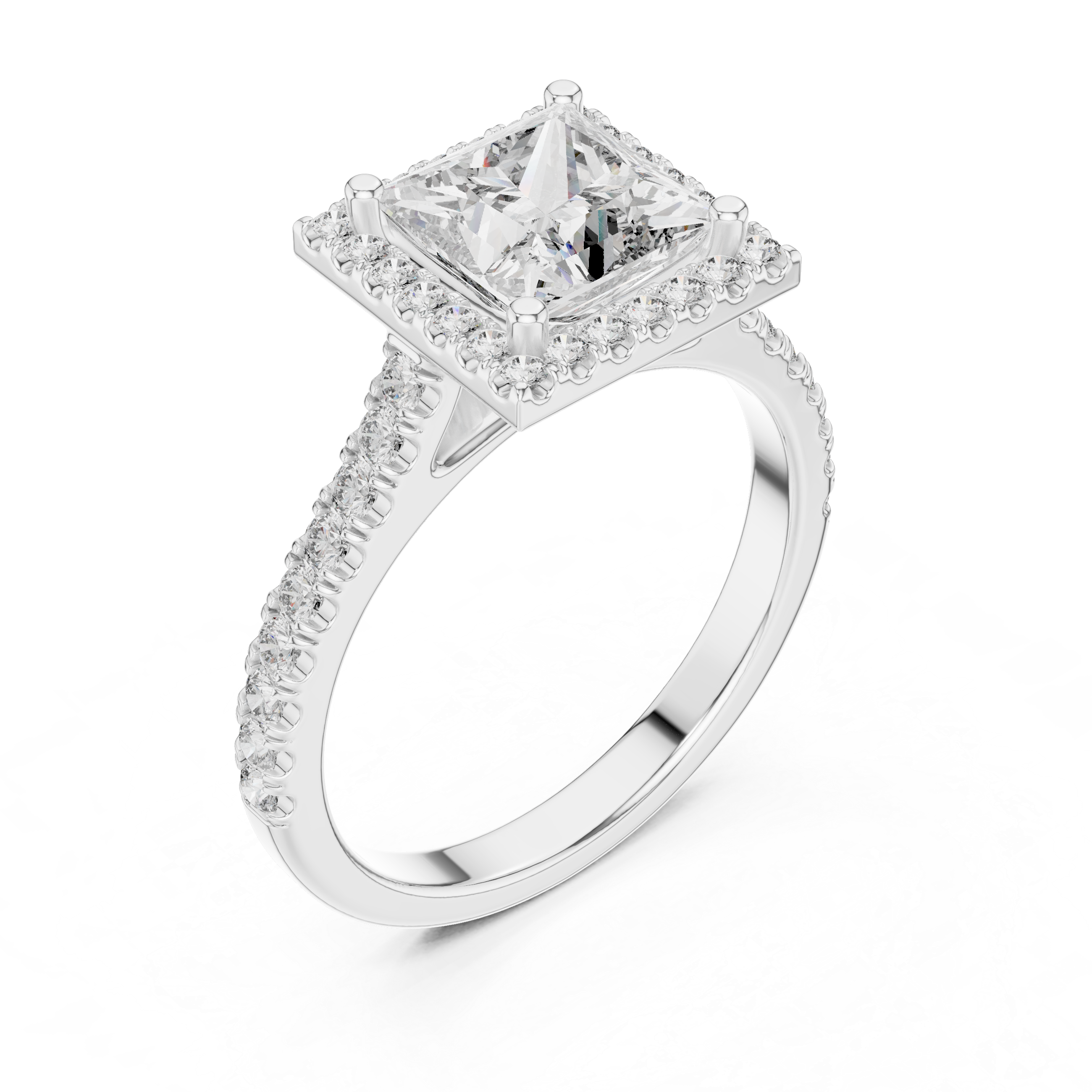 Square halo diamond ring with a large center stone and diamond accents along the band.