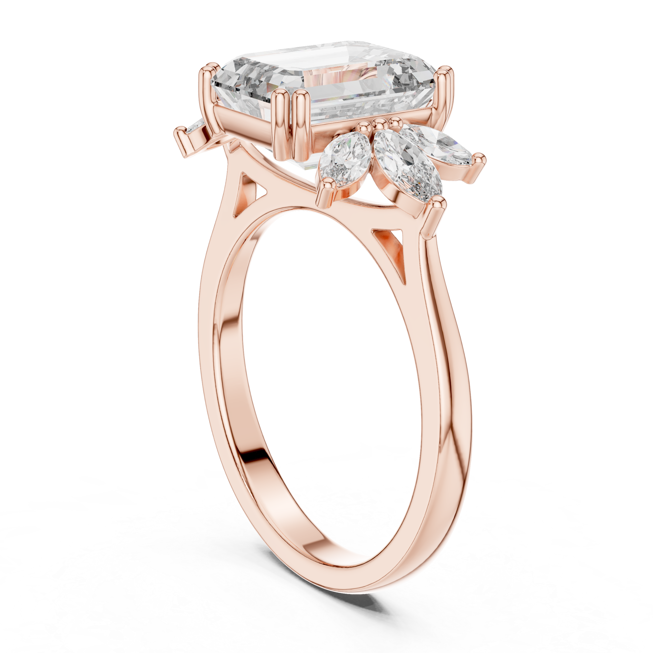Emerald-cut solitaire ring with marquise diamonds