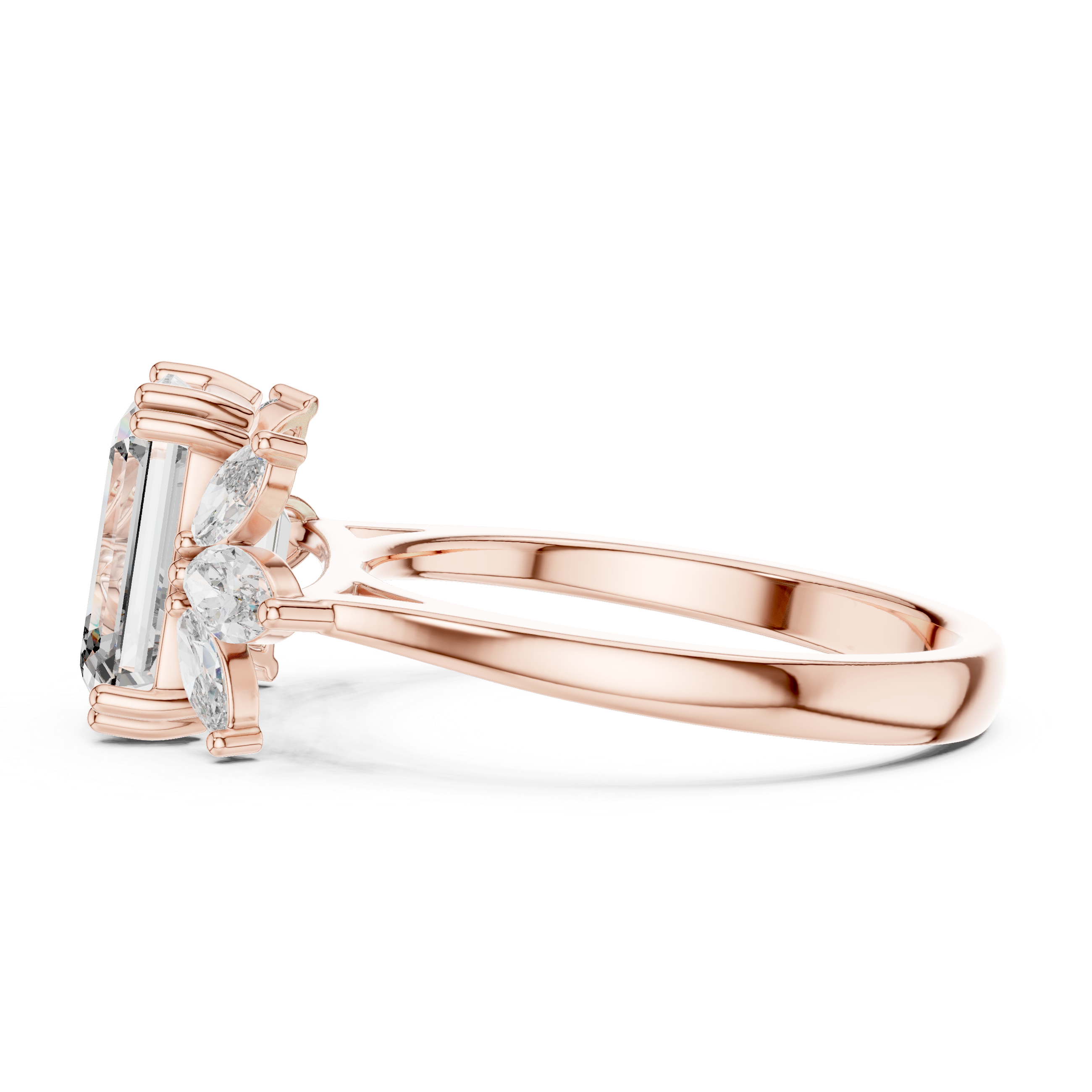 Emerald-cut solitaire ring with marquise diamonds