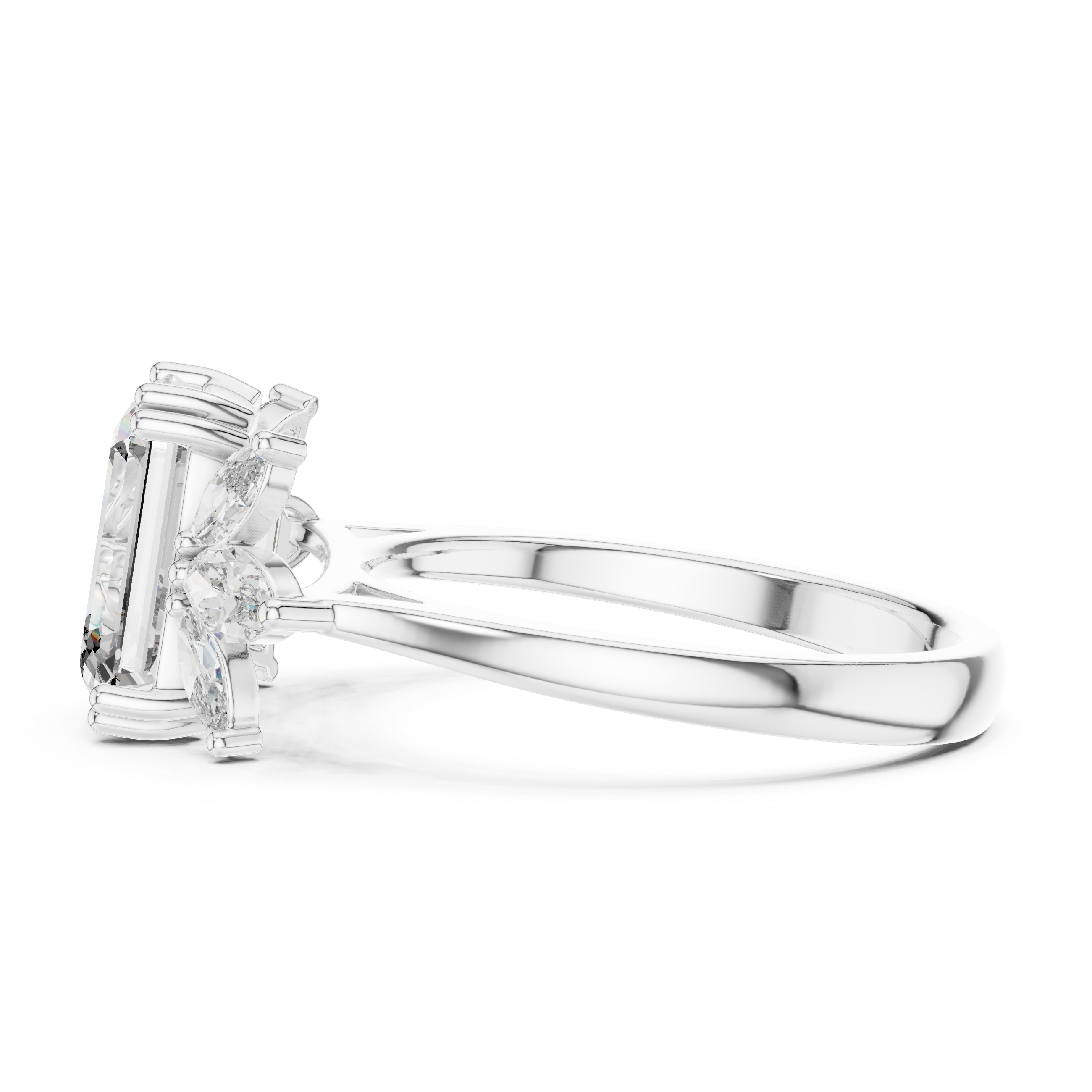 Emerald-cut solitaire ring with marquise diamonds