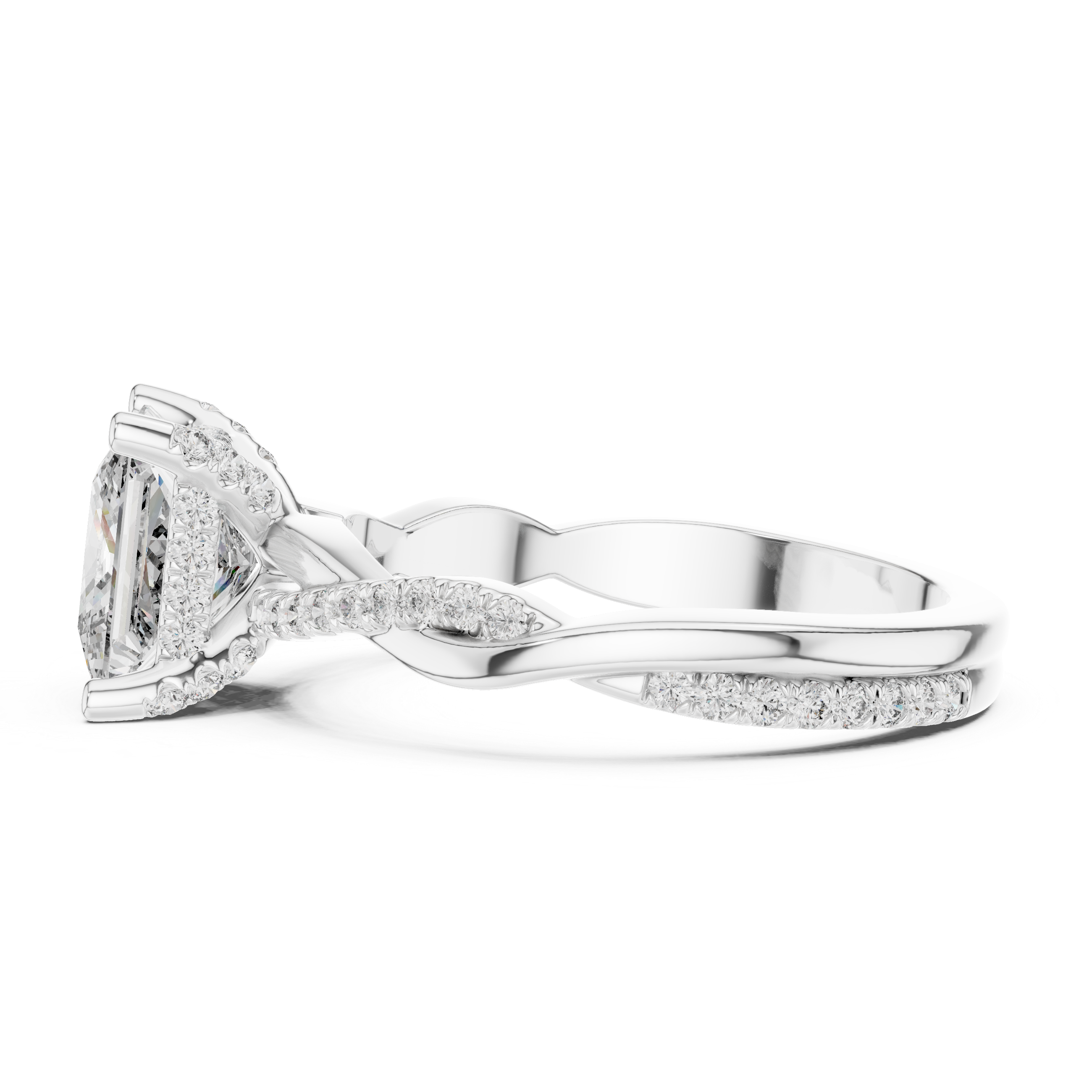 Twisted band engagement ring with a sparkling square-cut diamond centerpiece.