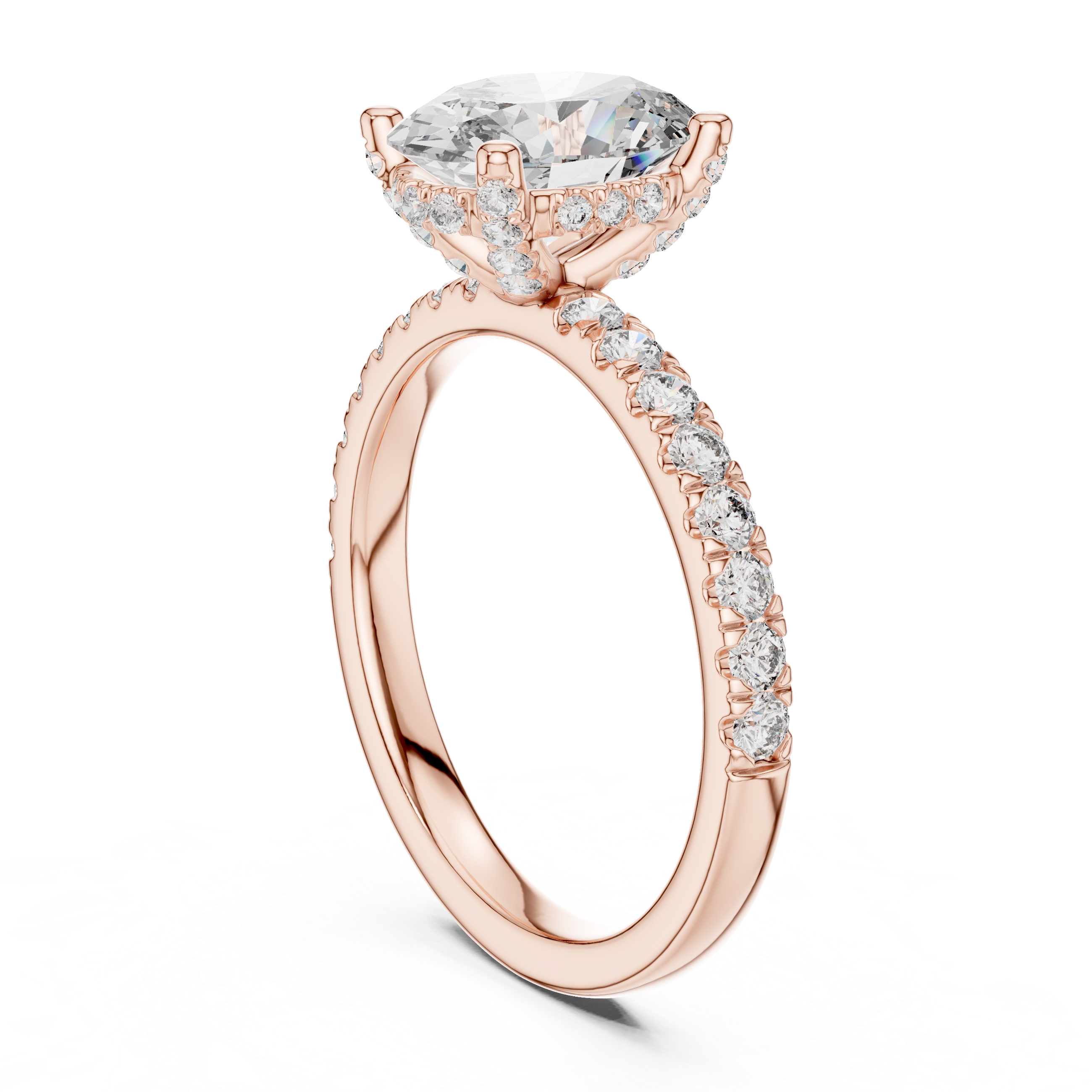 Diamond halo engagement ring with a round center stone and a diamond-studded band.