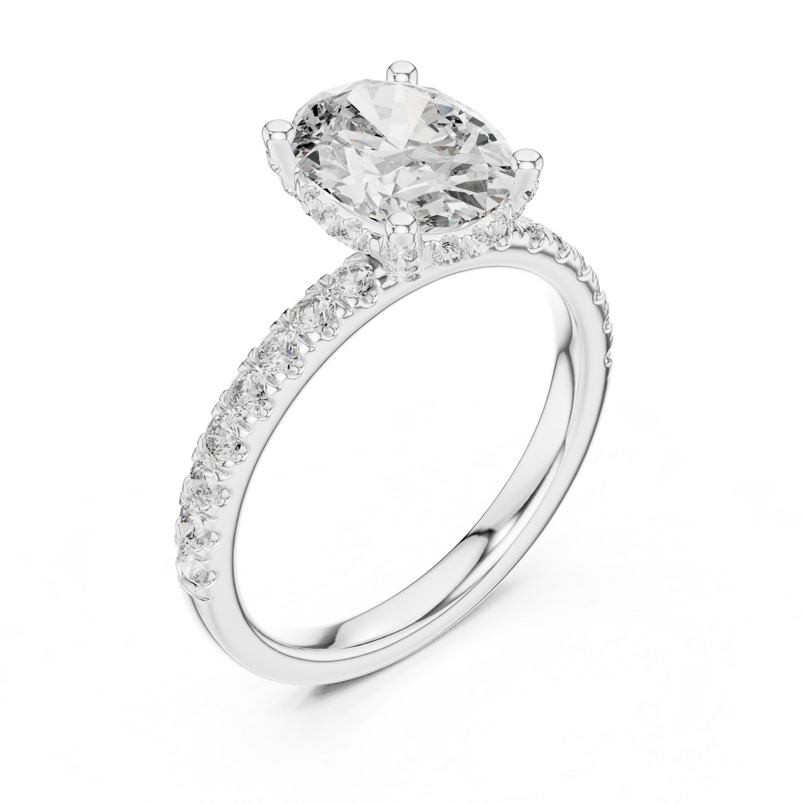 Diamond halo engagement ring with a round center stone and a diamond-studded band.