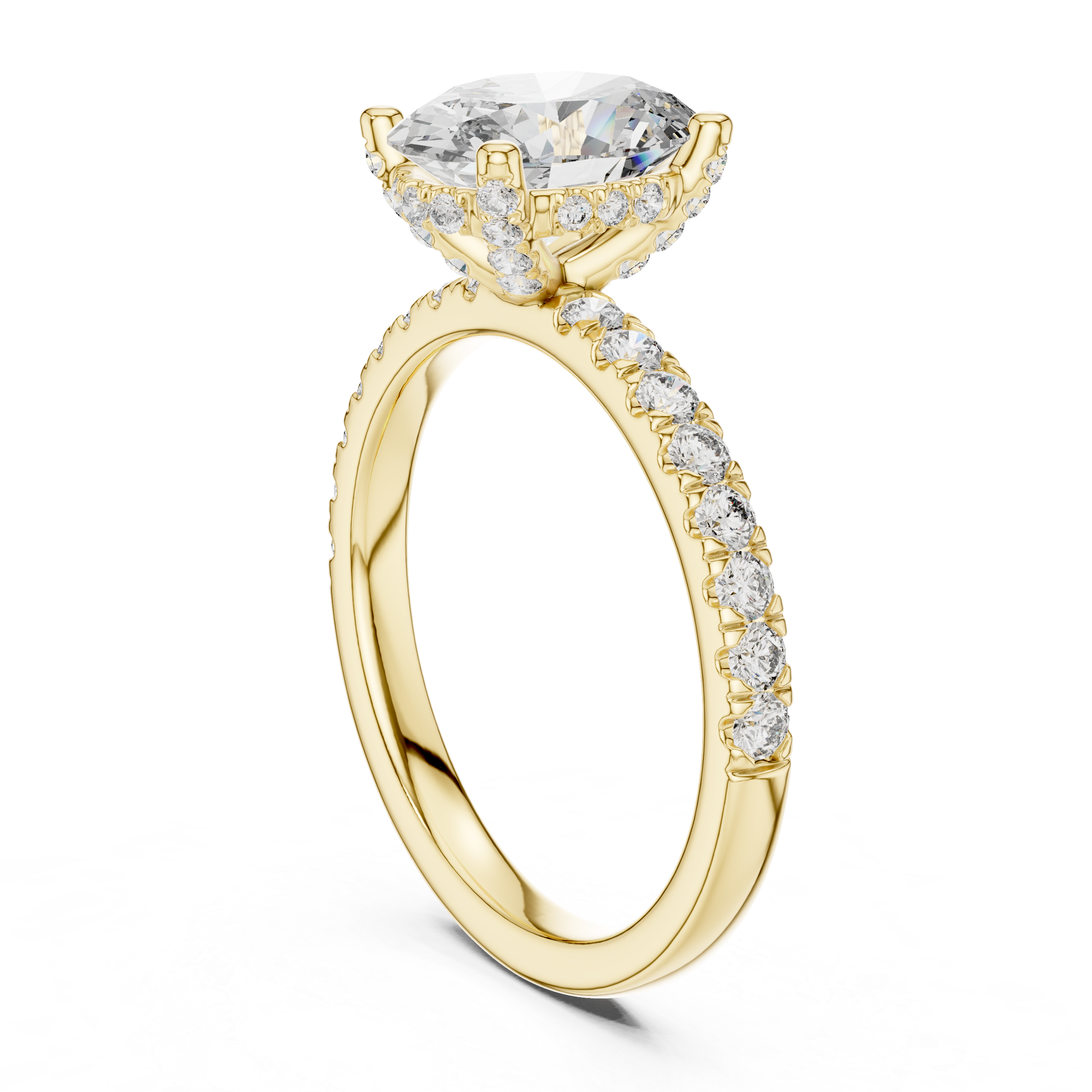 Diamond halo engagement ring with a round center stone and a diamond-studded band.