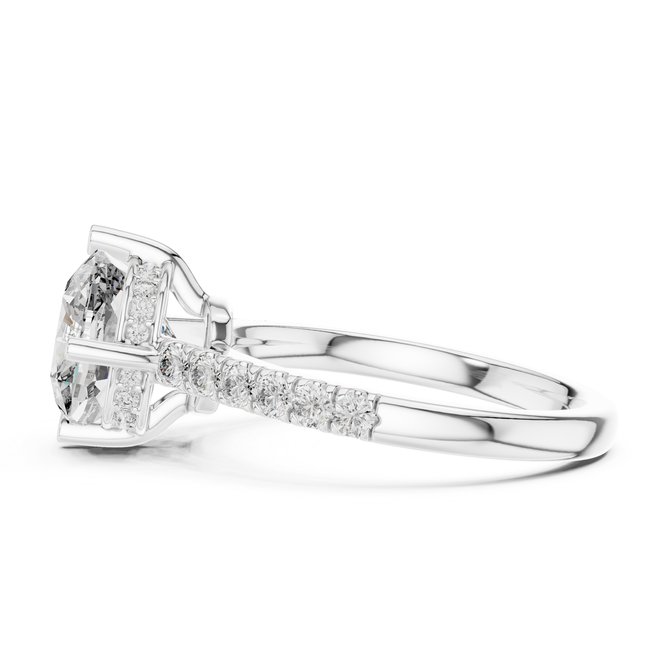 Engagement ring with a round center stone and diamond-accented band.