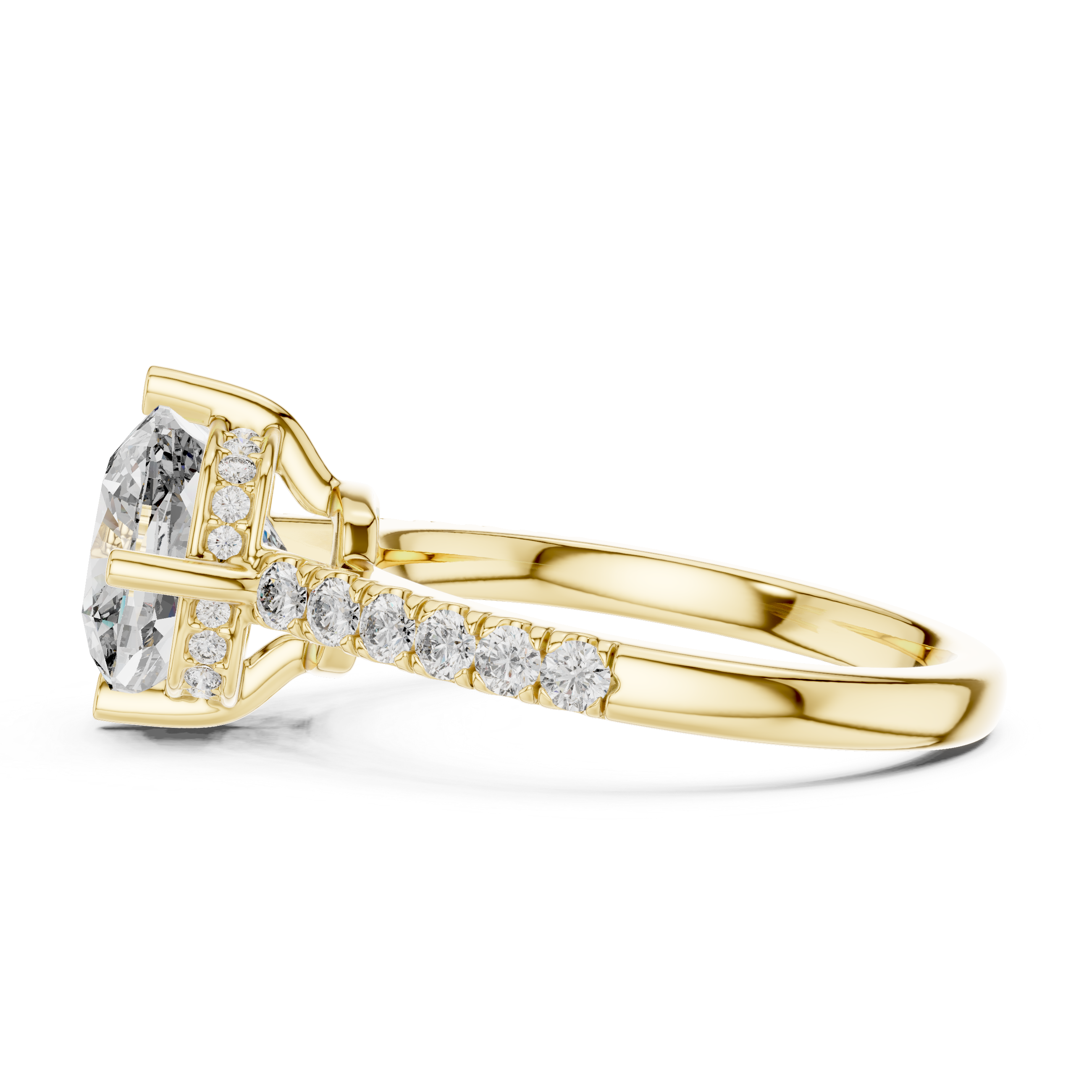 Engagement ring with a round center stone and diamond-accented band.