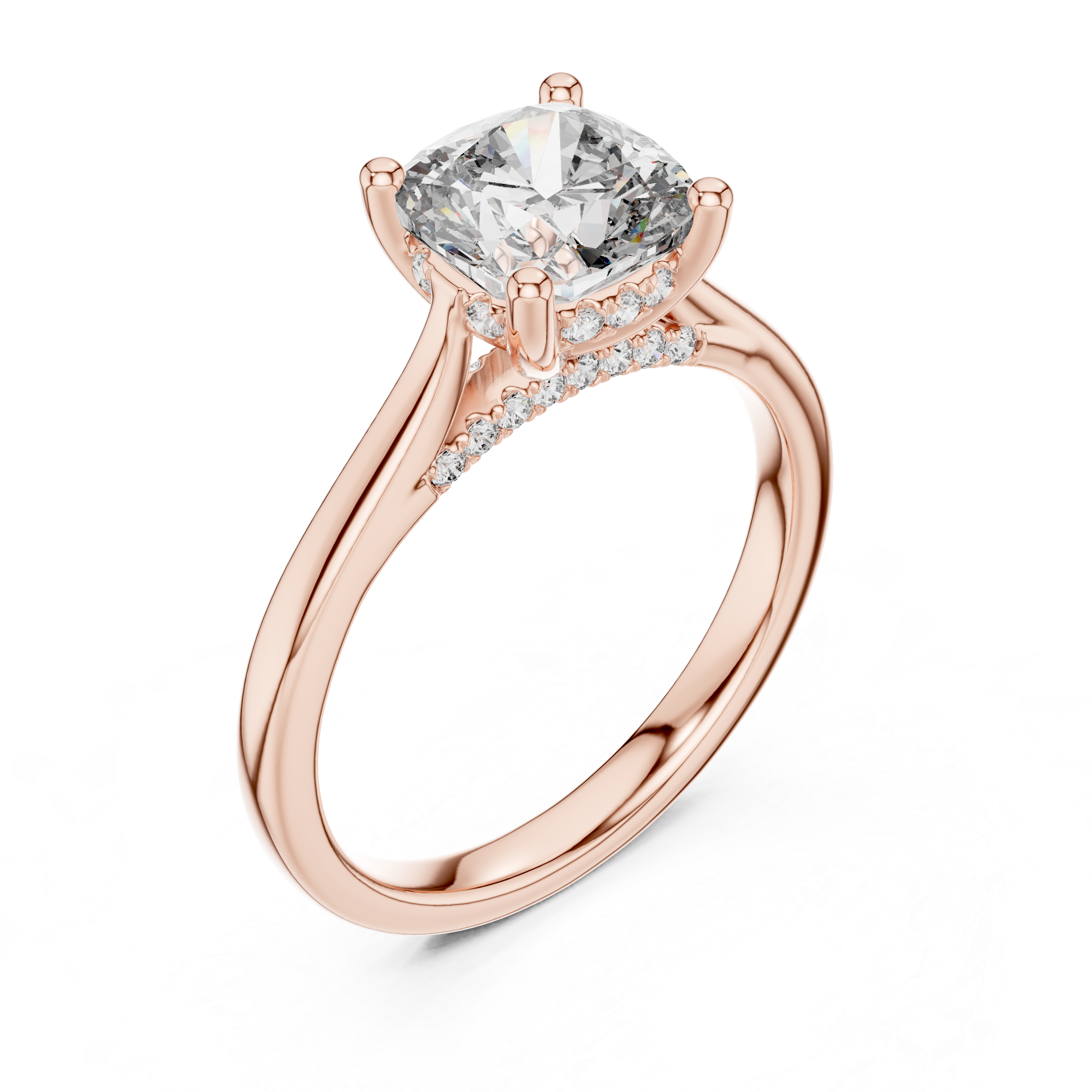 Solitaire Engagement Ring with Diamond-Accented Hidden Halo and Cathedral Setting.