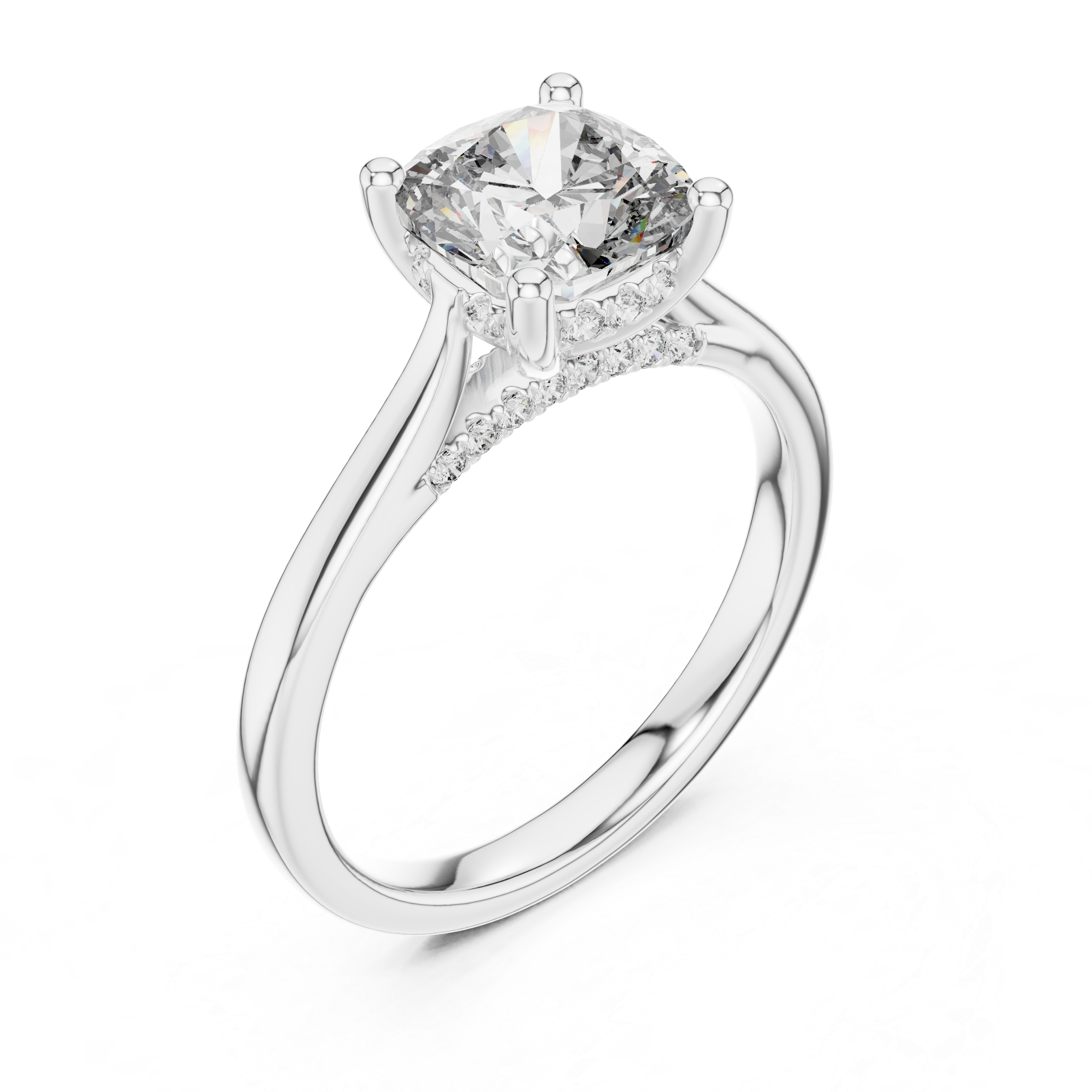 Solitaire Engagement Ring with Diamond-Accented Hidden Halo and Cathedral Setting.