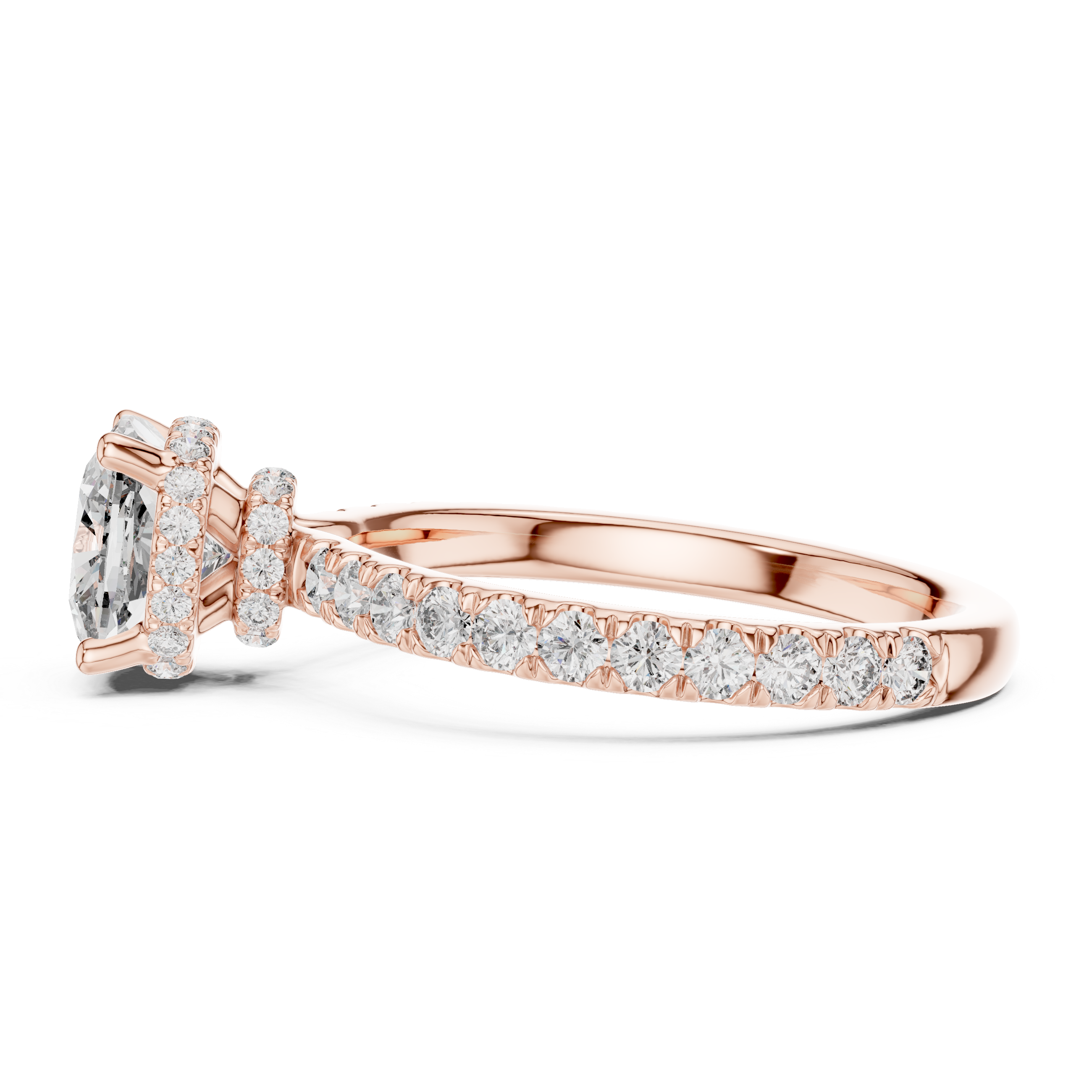 Pav‚ Diamond Engagement Ring with Round-Cut Center Stone and Double Hidden Halo.