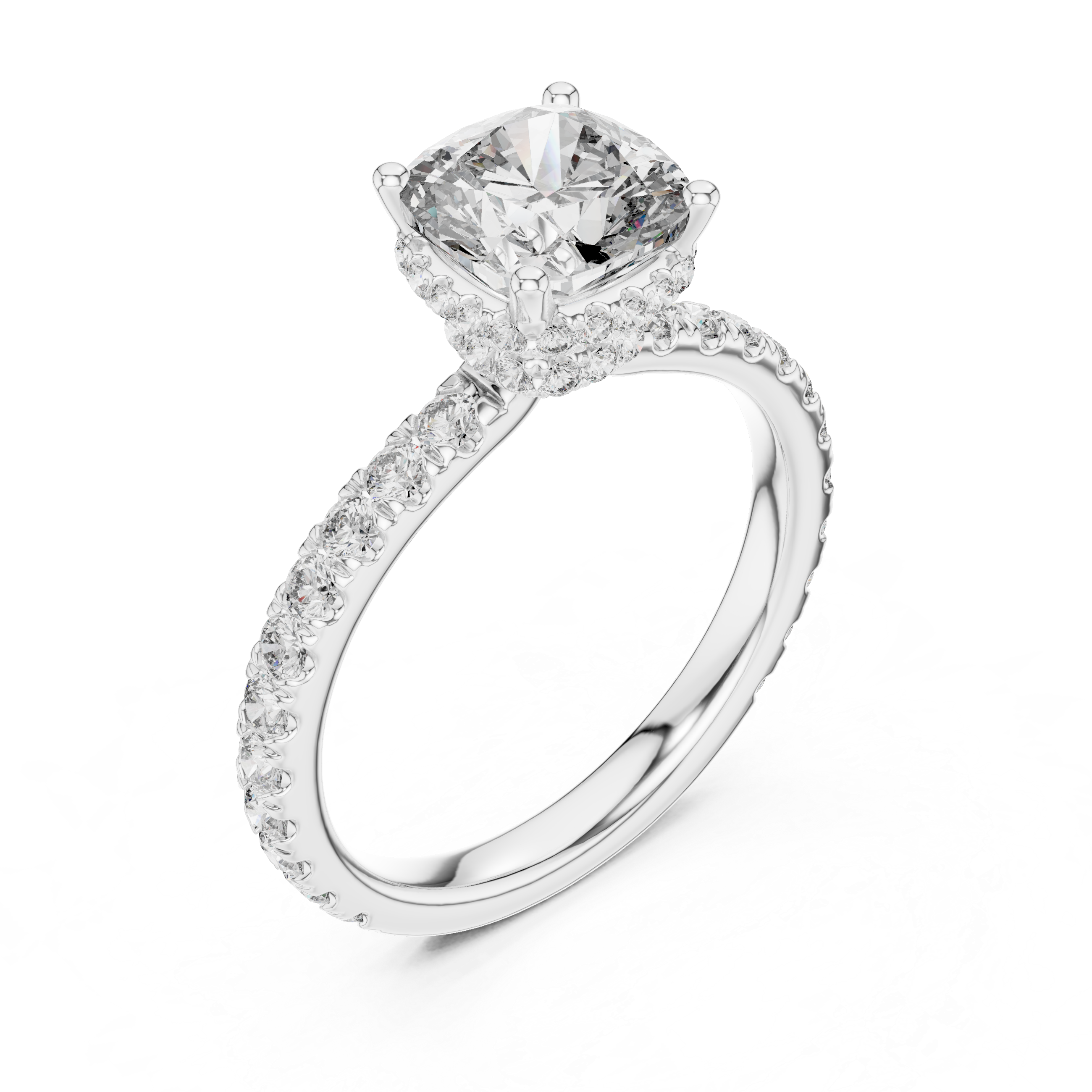 Pav‚ Diamond Engagement Ring with Round-Cut Center Stone and Double Hidden Halo.