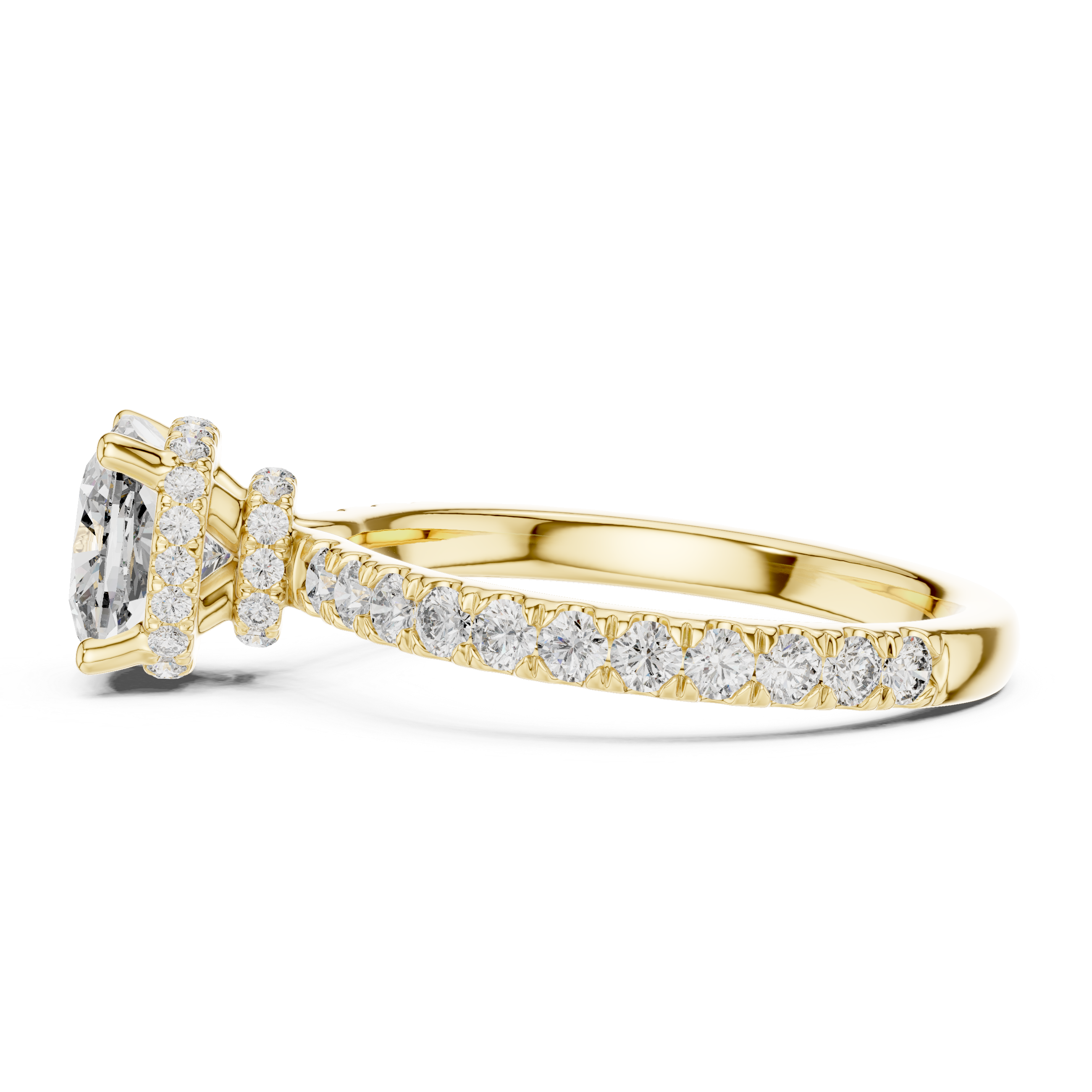 Pav‚ Diamond Engagement Ring with Round-Cut Center Stone and Double Hidden Halo.