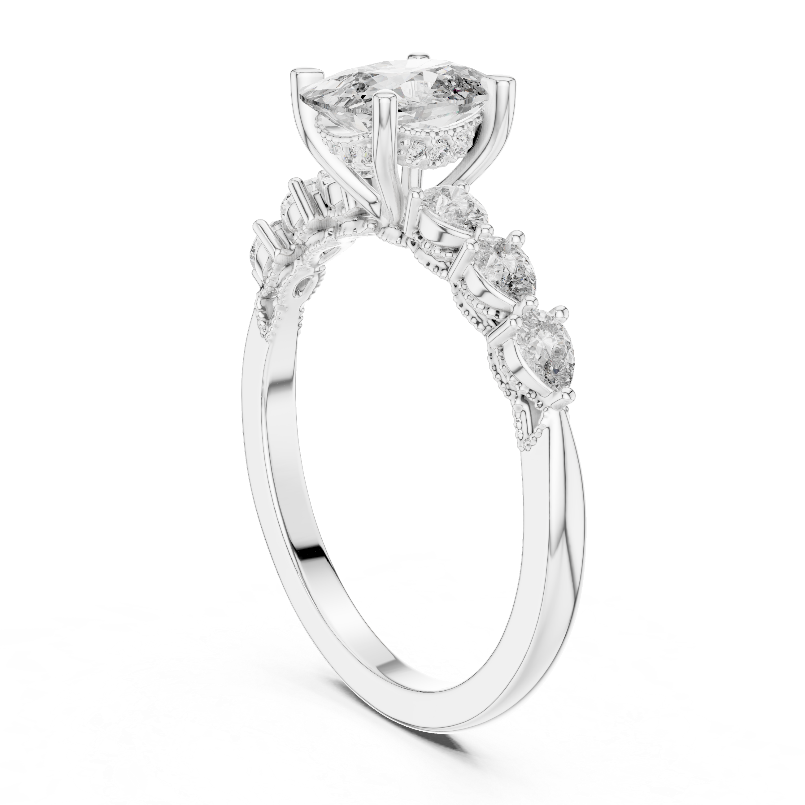 Oval-Cut Diamond Rose Gold Engagement Ring with Pear Side Stones.
