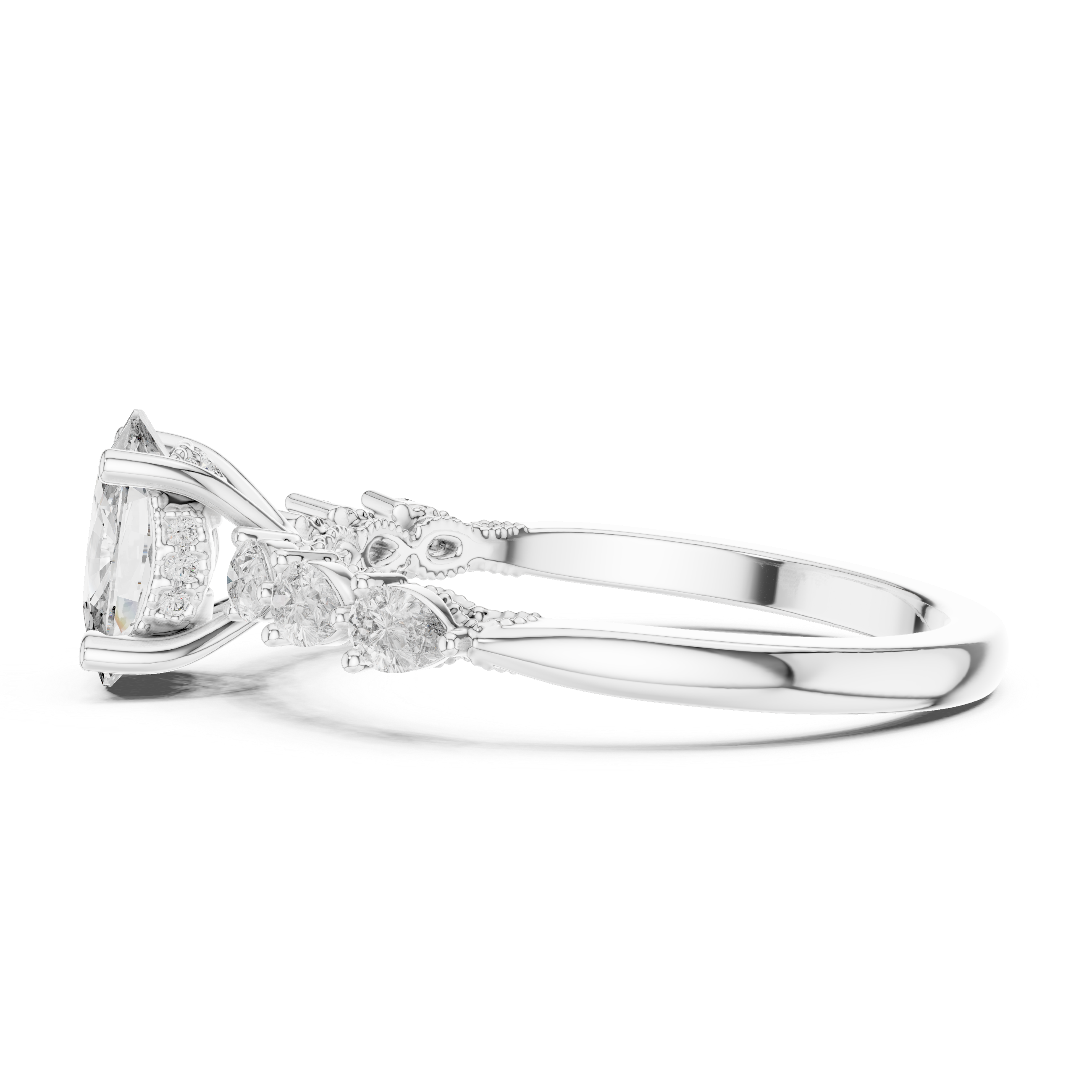 Oval-Cut Diamond Rose Gold Engagement Ring with Pear Side Stones.