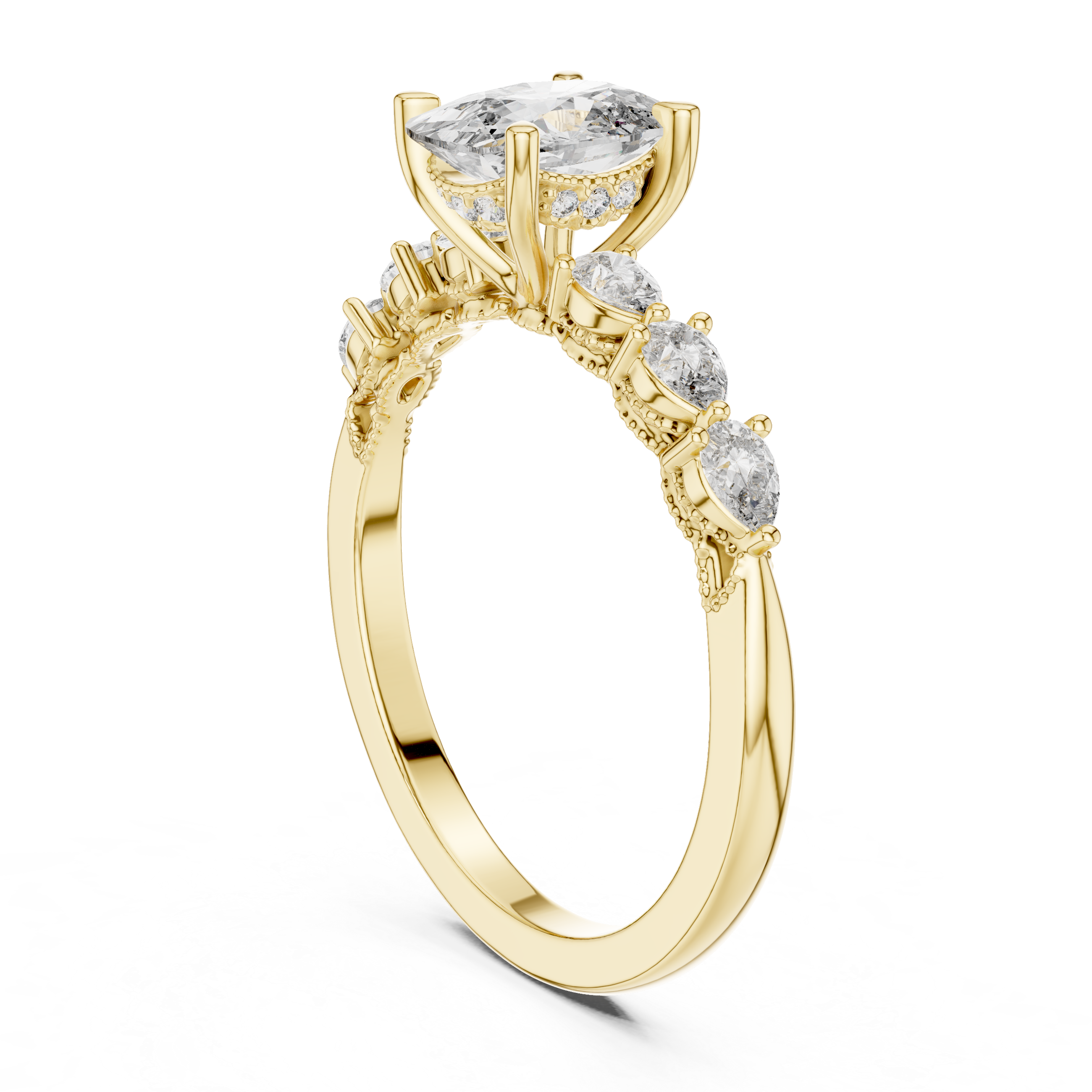Oval-Cut Diamond Rose Gold Engagement Ring with Pear Side Stones.