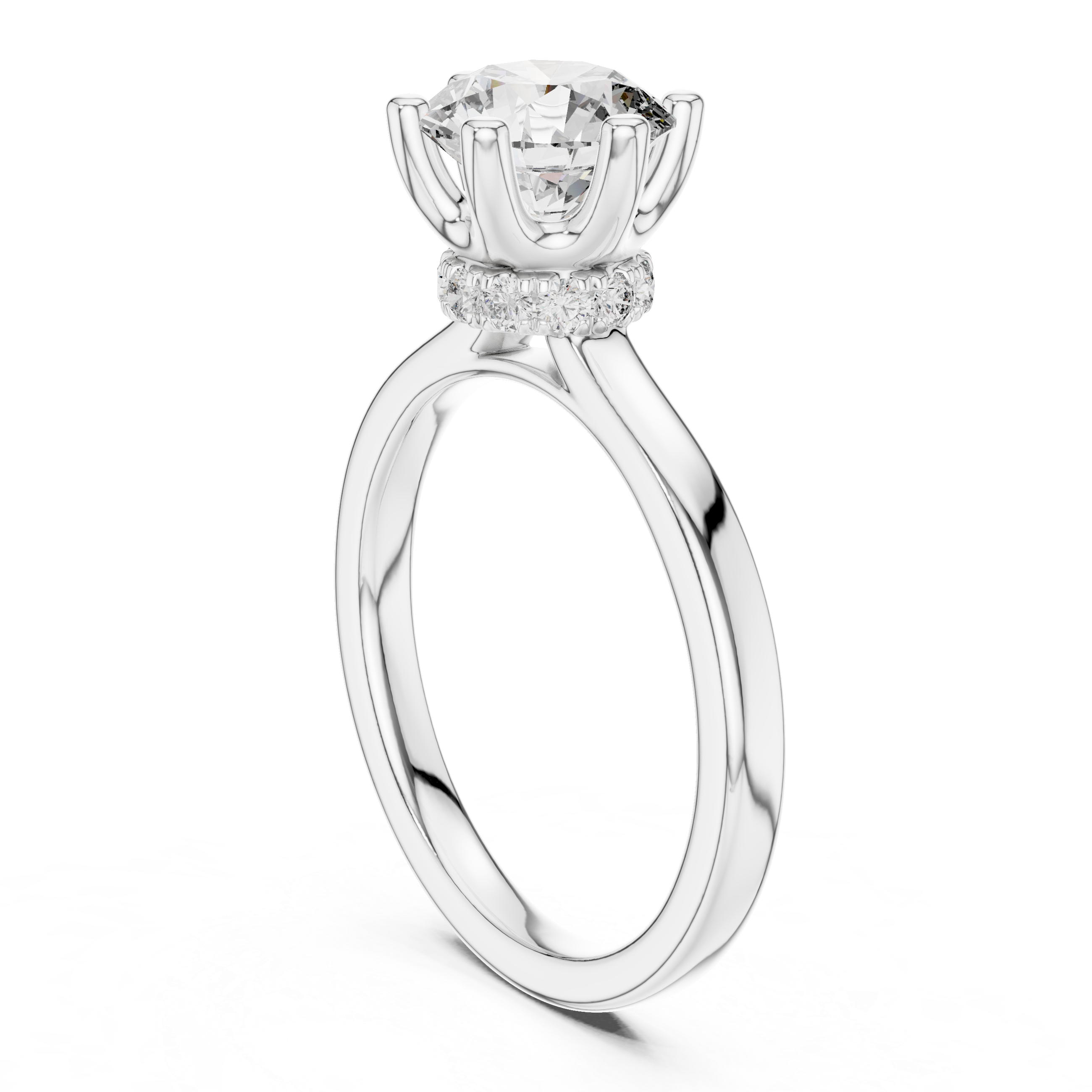 solitaire engagement ring with diamond halo beneath center stone